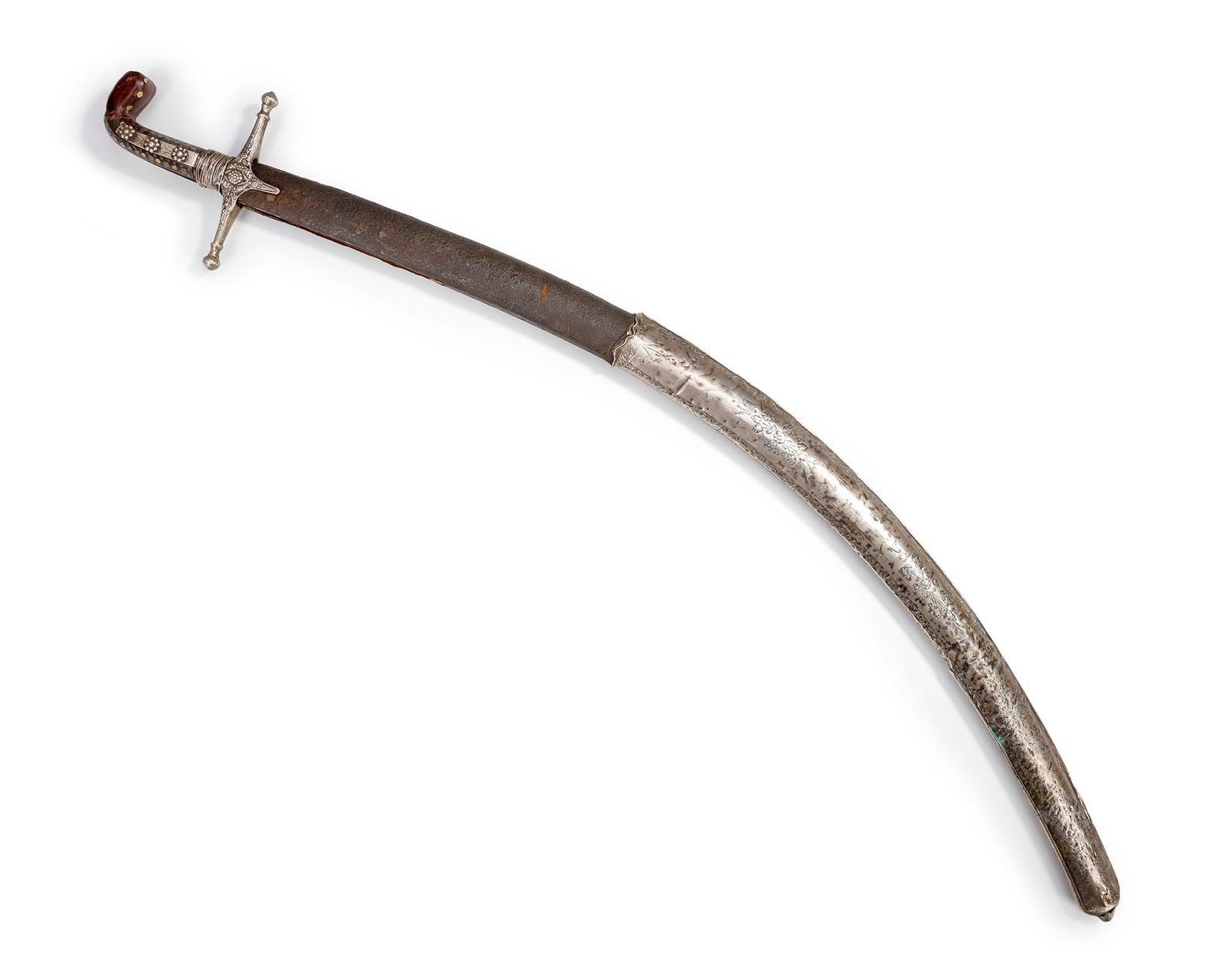 A SILVER SWORD, ARABIAN PENINSULA, 18TH-19TH CENTURY: A traditional Arabian sword with a curved blade, wooden hilt decorated with silver mounts and studs, and a crossguard with floral engravings. The scabbard is fitted with silver panels finely engraved 