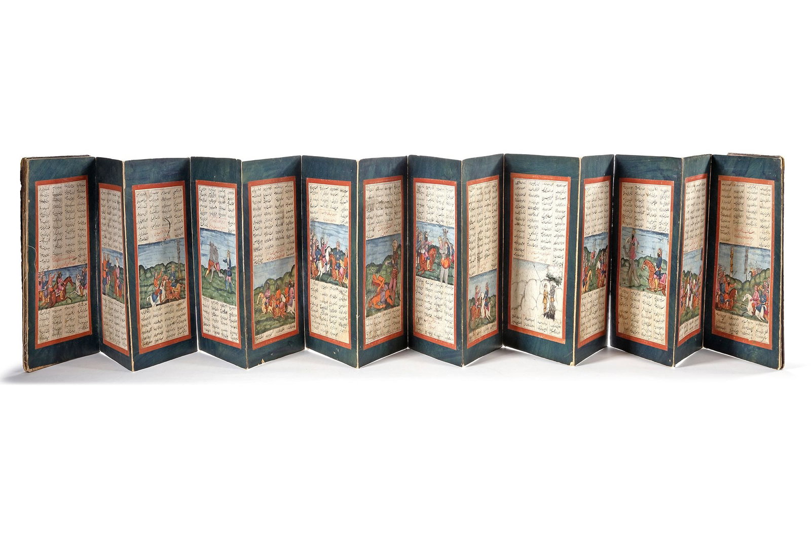 AN ILLUSTRATED CONCERTINA ALBUM FROM FERDOWSIâ€™S SHAHNAMEH, PERSIA QAJAR,18TH CENTURY: Persian manuscript on paper, 22 folios, presented in a concertina-style format, with gouache color on paper. Each page contains 13 lines, positioned above and below the painting, arranged in 4 columns
