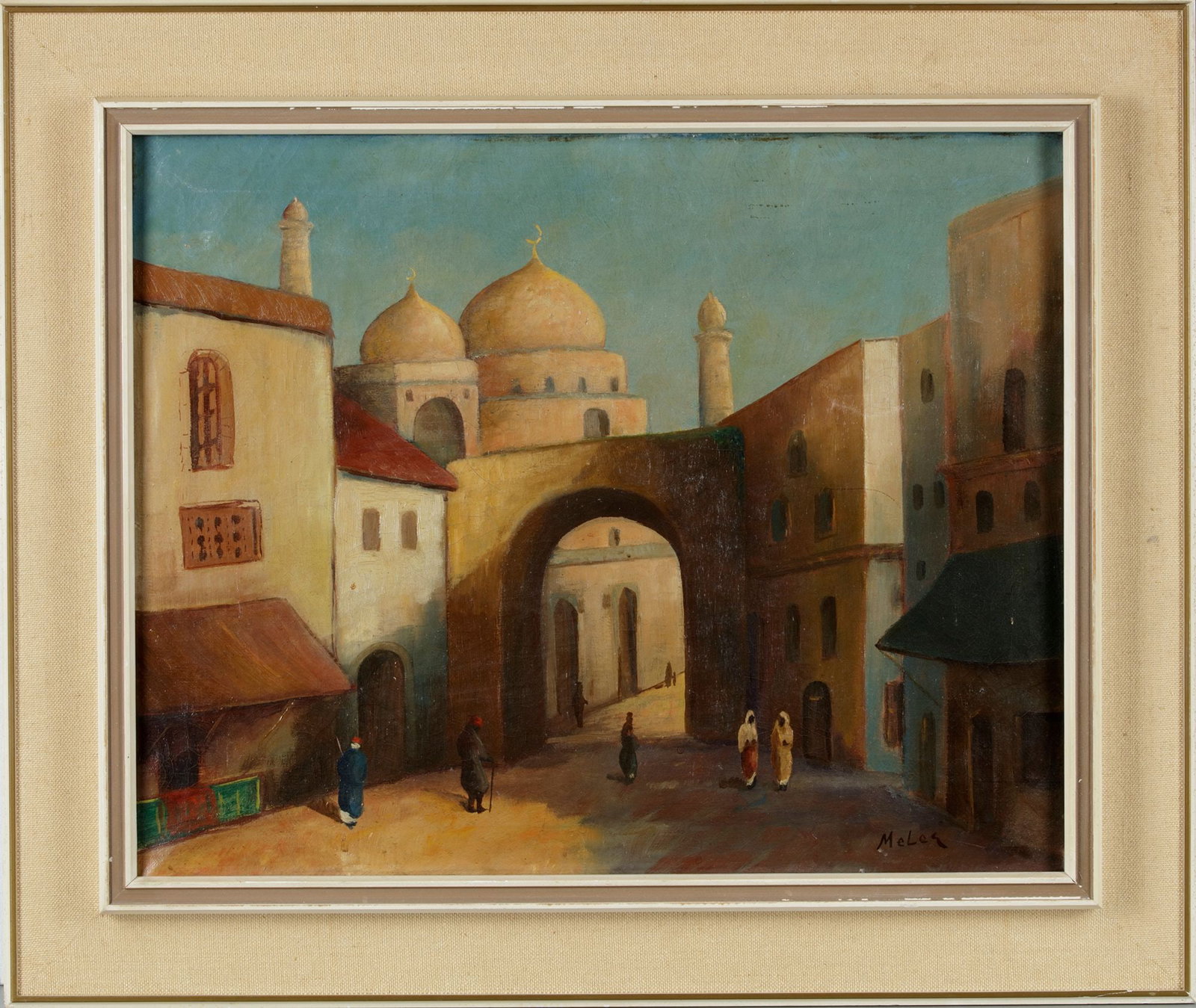 AN OIL PAINTING DEPICTING AN ORIENTAL SCENE, SIGNED MELEQ, 20TH CENTURY: With frame 64 by 54 cm.
