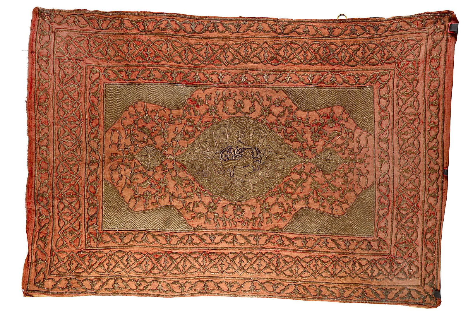 A PERSIAN TEXTILE (DAH YEK DUZI), EARLY 18TH CENTURY: Of rectangular form, embroidered with gilt threads. The composition is organized around an elongated lobed central cartouche set within a rectangular field and framed by multiple borders. The surface 