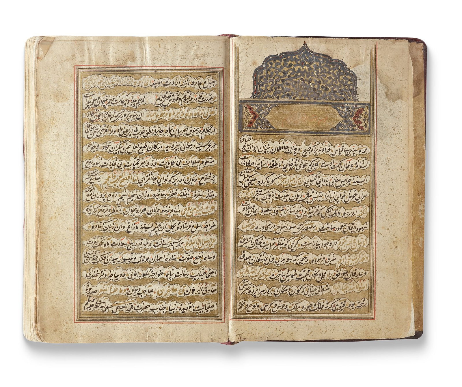 KHWAJA SHAMS AL-DIN HAFIZ SHIRAZI (D.1390 AD), DIWAN SAFAVID, PERSIA DATED 1081 AH/1670 AD: Persian poetry manuscript on paper, each folio features 15 lines of elegant black nasta??lÄ«q script, arranged in two columns separated by double black-ruled gold divisions. Select passages are set 