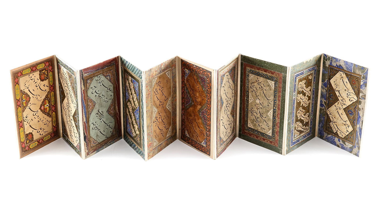 AN ALBUM OF CALLIGRAPHY, PERSIA SAFAVID, 19TH CENTURY: Persian manuscript on paper, pasted on card, mostly poetry, 10 leaves, each page contains quatrains arranged diagonally in Nasta??lÄ«q script, with various line and text arrangements. Some panels fe