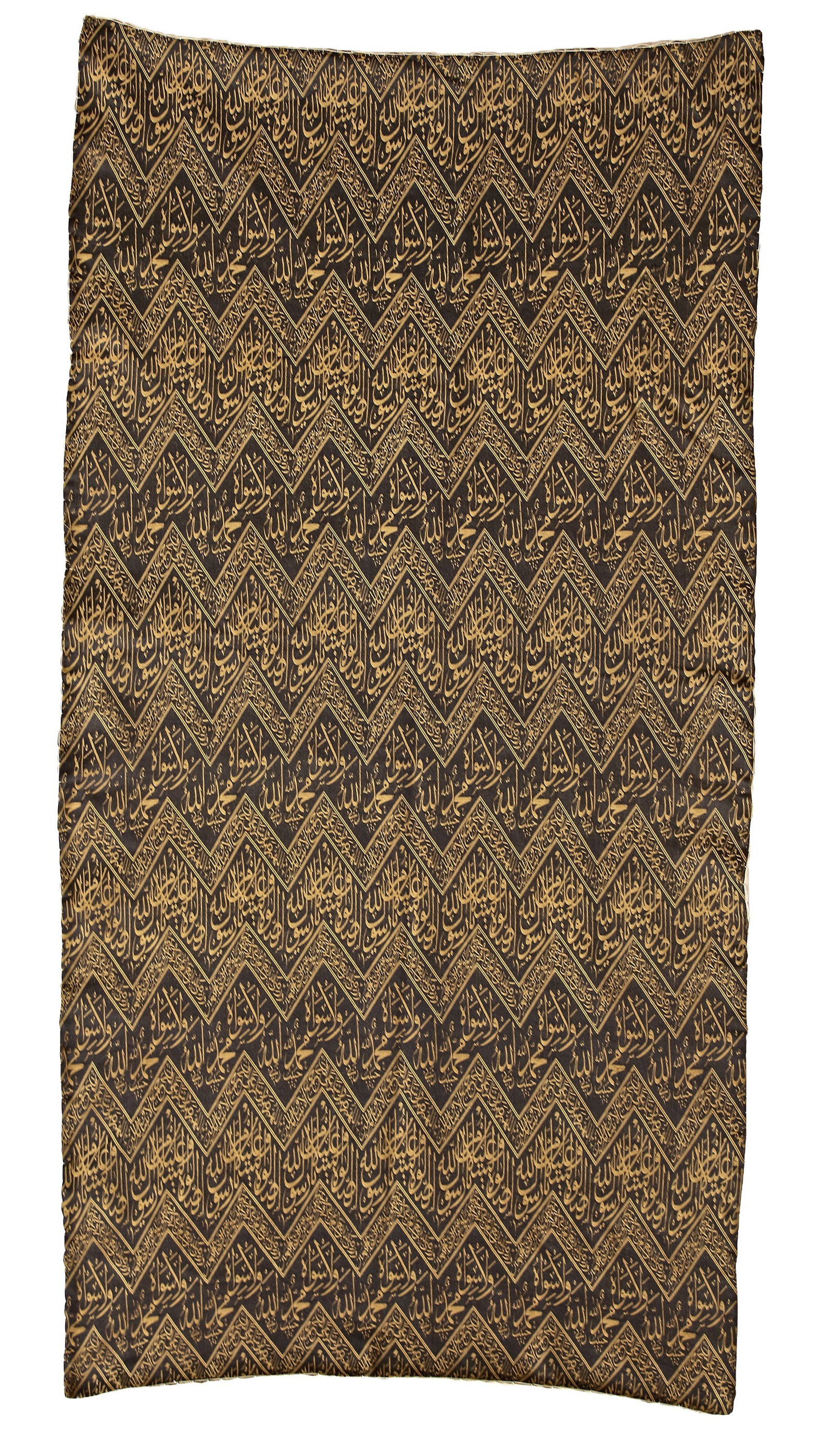 AN OTTOMAN BLACK EMBROIDERED SILK KISWA, 20TH CENTURY: A fragment of hanging panel of the inner kiswa, with an inscribed weave in gold over a black silk ground. Embellished with a prominent inscription within a broad border in thuluth script of praise of 