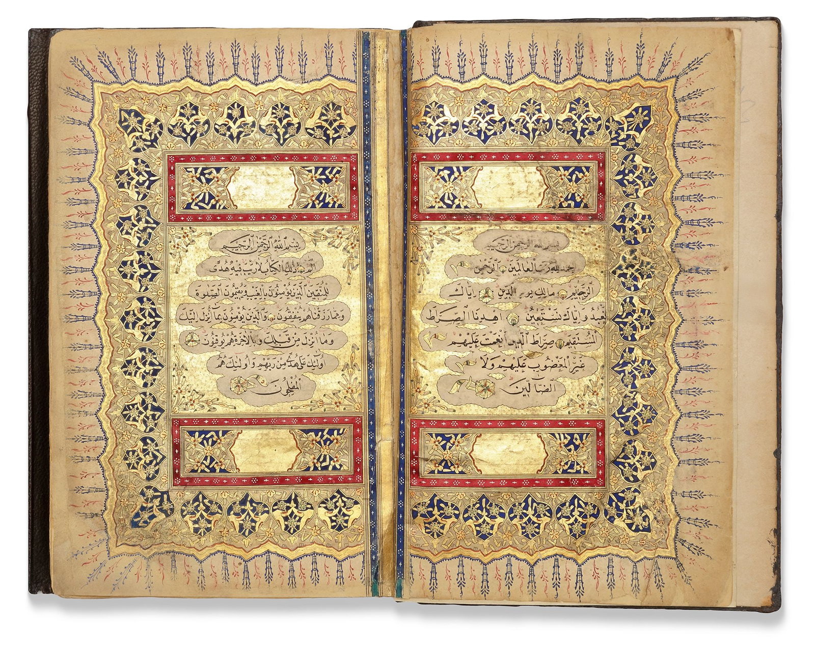AN ILLUMINATED OTTOMAN QURAN SIGNED BY IBRAHIM HULUSI, OTTOMAN TURKEY, DATED 1263 AH/1846 AD: A complete Quran, Arabic manuscript on cream paper, each page with 15 lines, written in black naskh script within gold and black rules, gold roundel verse markers outlined in black. Surah headings wit