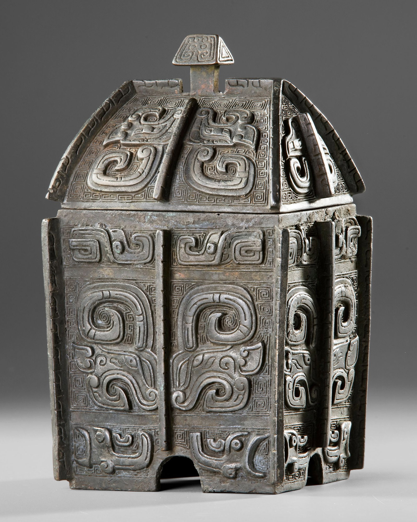 A BRONZE FANGYI RITUAL VESSEL, CHINA, SHANG DYNASTY (C 1600-1046 BC) (1 of 3)