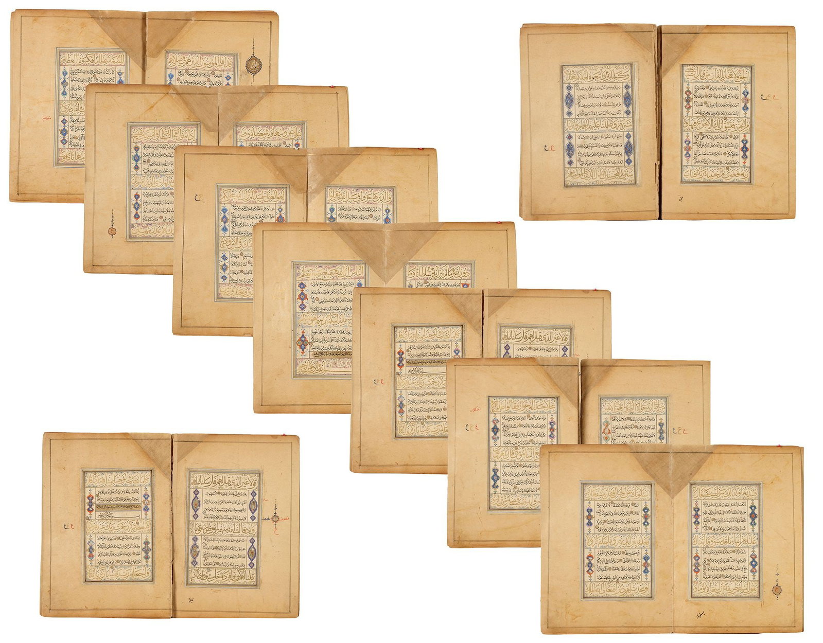 SIXTEEN OTTOMAN QURAN PAGES, TURKEY, 17TH CENTURY: Arabic manuscript on paper, comprising 16 folios (16 ff.), each page with 11 lines of text. The layout is carefully structured, featuring three lines in large gilt thuluth script, outlined in black an