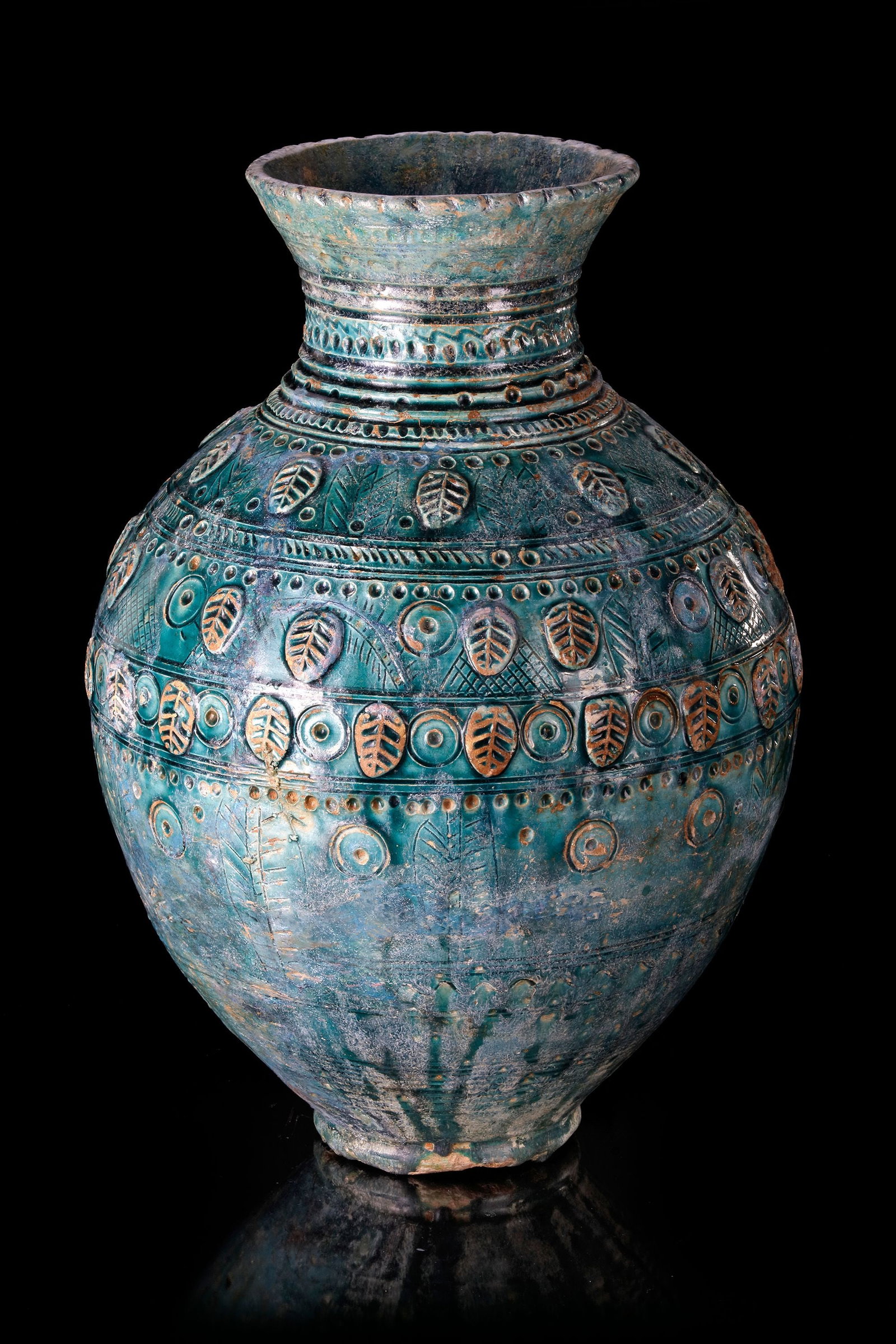 A POST SASSANIAN TURQUOISE GLAZED POTTERY STORAGE JAR, PERSIA, 7TH-8TH CENTURY (1 of 5)