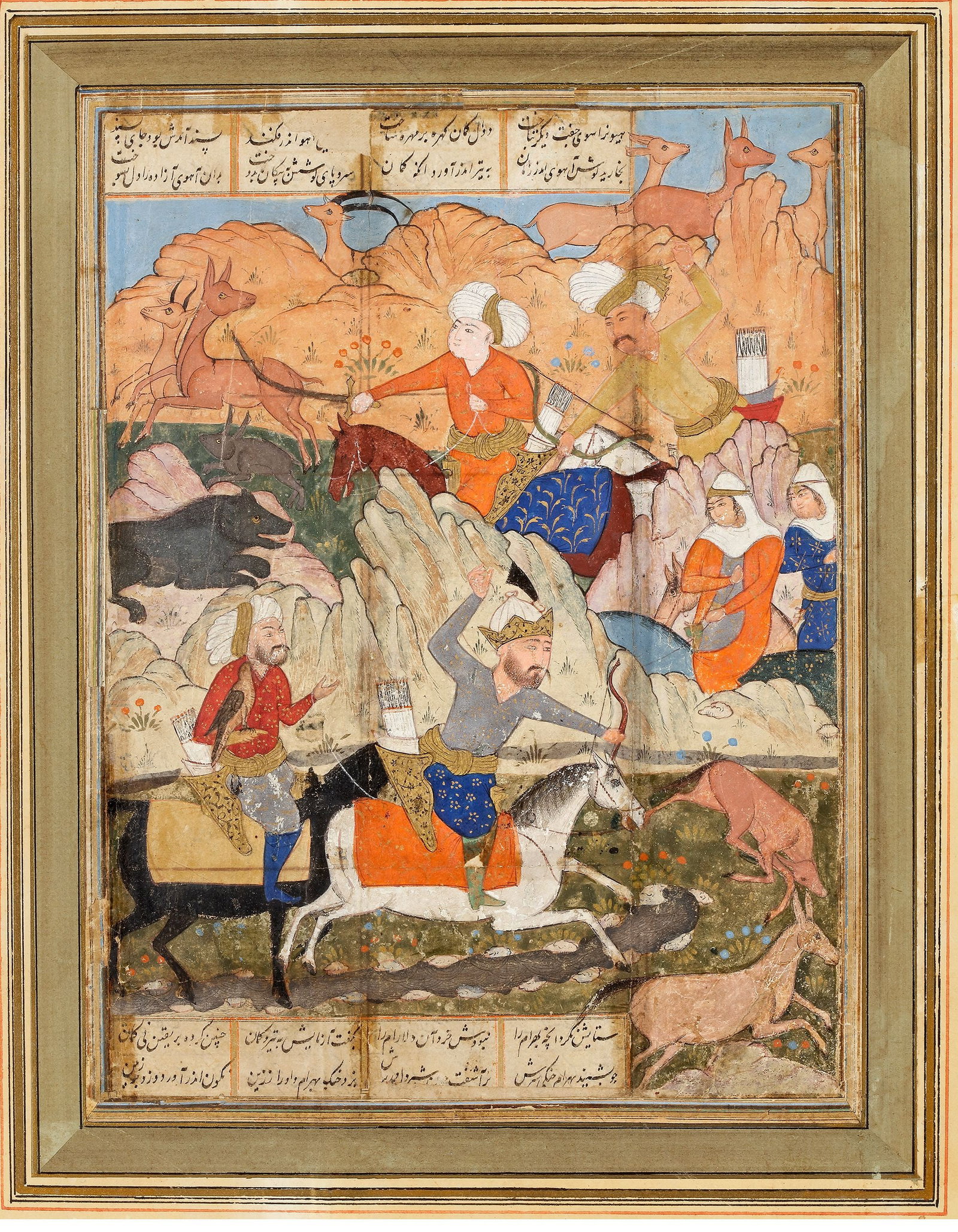 ROYAL HUNT OF BAHRAM GUR, A MANUSCRIPT OF FIRDOWSI'S SHAHNAMEH, SAFAVID PERSIA, 16TH-17TH CENTURY: Opaque watercolor heightened with gold on paper. Folio from a manuscript of the Shahnameh, depicting Bahram Gurâ€”renowned in the epic for his mastery of the huntâ€”crowned and