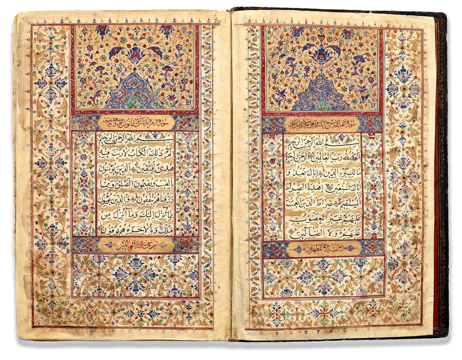 A PERSIAN QAJAR QURAN, 19TH CENTURY: Arabic manuscript on paper, each folio with 15 lines of elegant black naskh script, diacritics and vowels in red, marginal occasional notes indicating 'Juz' and Hizb', text within red and blue rules, 
