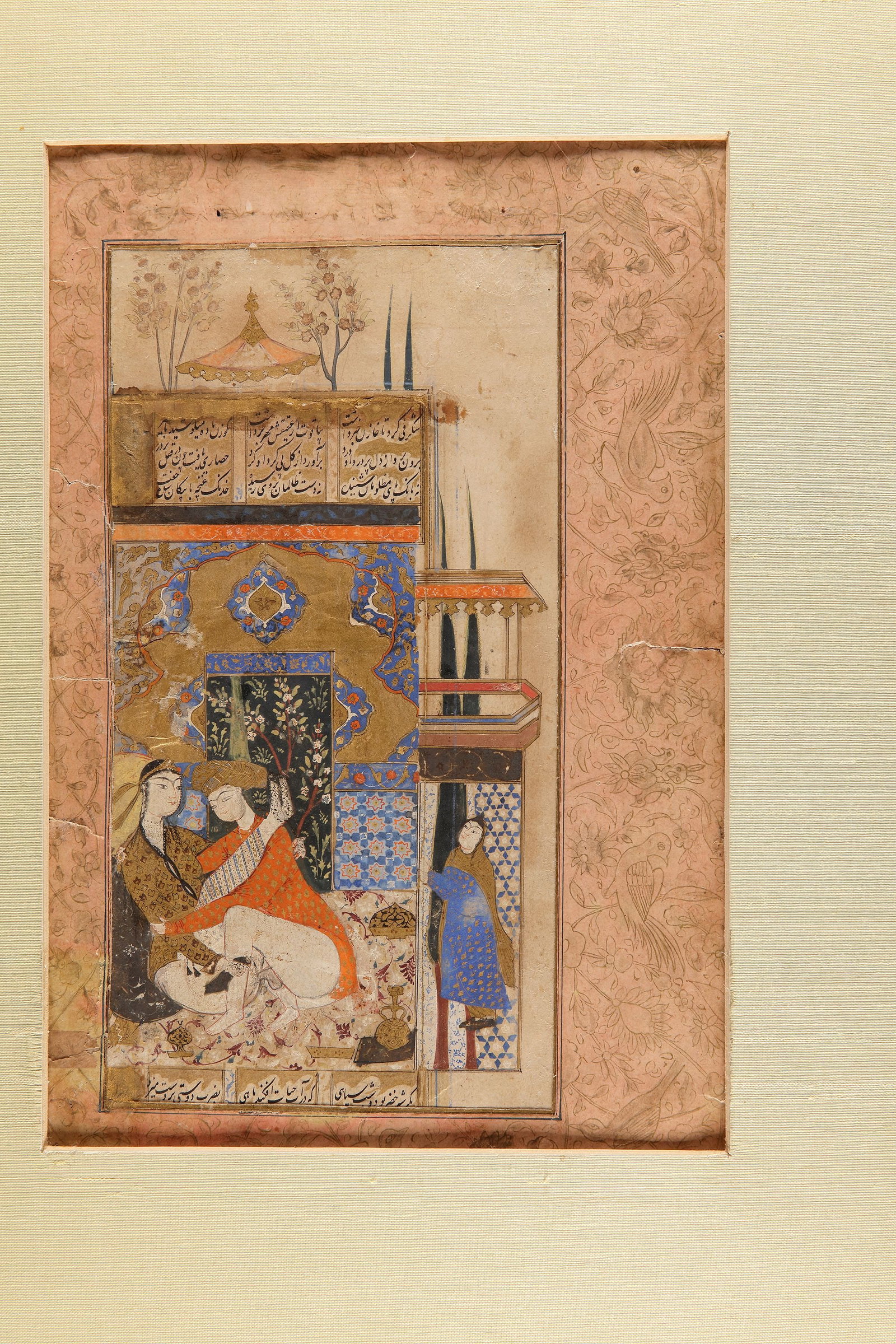 COURTLY LOVERS IN A TILED CHAMBER, ATTRIBUTED TO MUIN MUSAVVIR ISFAHAN, MIDâ€“LATE 17TH CENTURY (1 of 2)