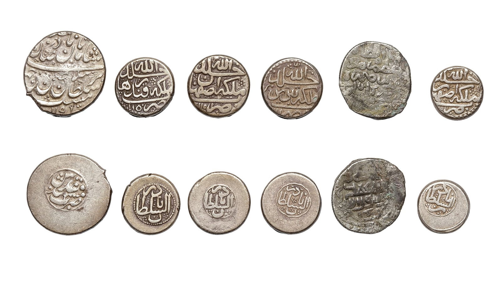 AFSHARID, TEMP. NADER SHAH AFSHAR(1148â€“1160AH/ 1736â€“1747AD), FIVE SILVER COINS, DATED: A silver 6 Shahi, Qandhar mint,1150AH/1737AD, 6.7g, 18mm. A silver 6 Shahi, Isfahan mint, dated 1151AH/1738AD, 6.8g, 18mm. A silver 6 Shahi, Tabriz mint, dated 1151AH/1738AD, 6.9g, 17mm. A silver 6 Sh