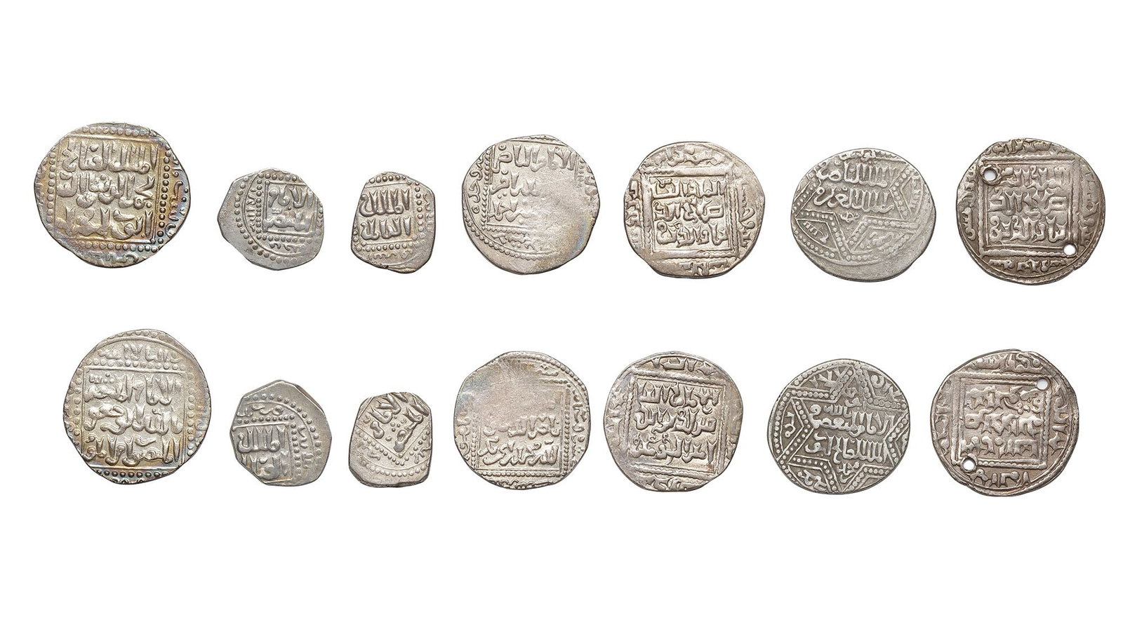 AYYUBID DYNASTY ( 569-647AH/ 1174-1250AD), DIFFERENT RULERS, EIGHT SILVER DIRHAMS, DATED: A silver dirham, Saladin (567–589AH/ 1171–1193AD), Dimishq mint, dated 583AH/ 1188AD, 2.8g, 21mm.A silver dirham, Saladin (567–589AH/ 1171–1193AD), Dimishq mint, dated 586AH/ 1190AD, 2.8g, 19m