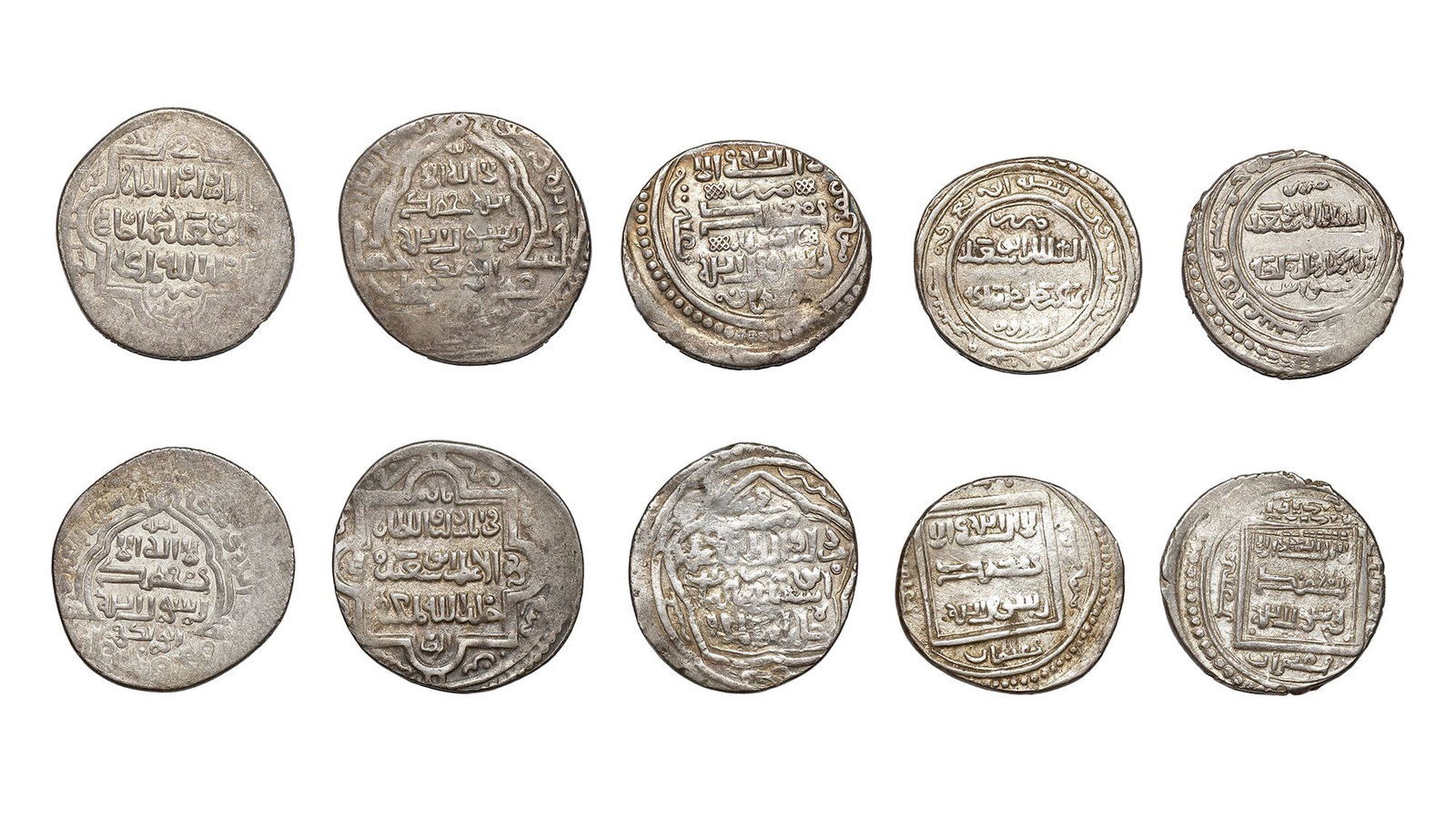 ILLKHANID DYNASTY, ABU SA'ID BAHADUR KHAN( 716â€“736AH/ 1316â€“1335AD), FIVE SILVER: A silver dirham, Shiraz mint, dated 719AH/ 1319AD, 3.6g, 21mm. A silver dirham type C, Buzar mint, dated 721AH/ 1321AD, 3.7g, 22mm. A silver dirham type D, Isfahan mint, dated 723AH/ 1323AD, 3.5g, 21m