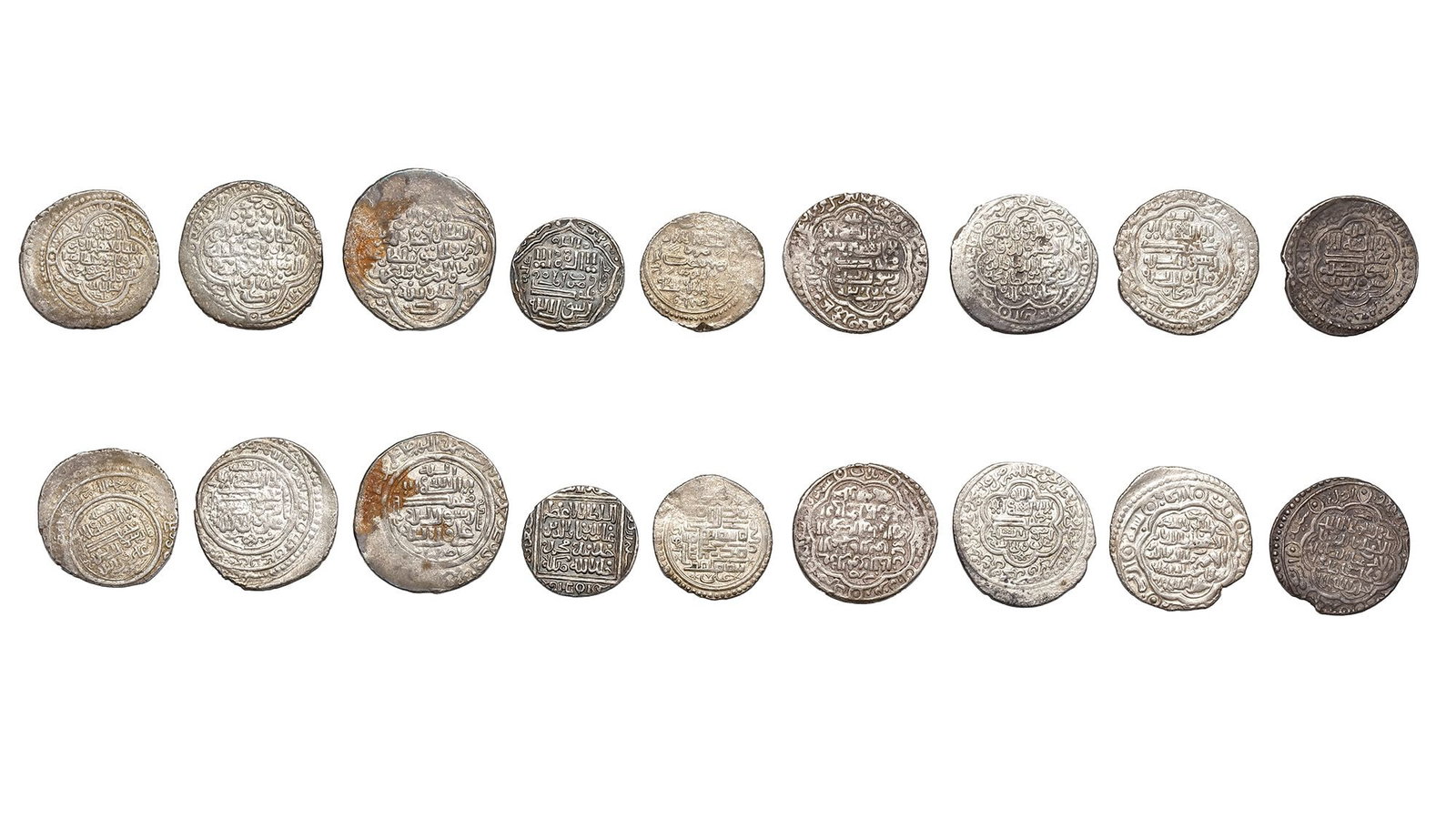 ILLKHANID DYNASTY, ?–LJAITU(703â€“716AH/ 1304â€“1316AD), NINE SILVER DIRHAMS, DATED: A silver dirham, Amul mint, dated 704AH/ 1304AD, 2.0g, 18mm. A silver dirham, Isahan mint, dated 710AH/ 1310AD, 4.3g, 25mm. A silver dirham, Sultaniyya mint, dated 710AH/ 1310AD, 4.2g, 24mm. A silver 