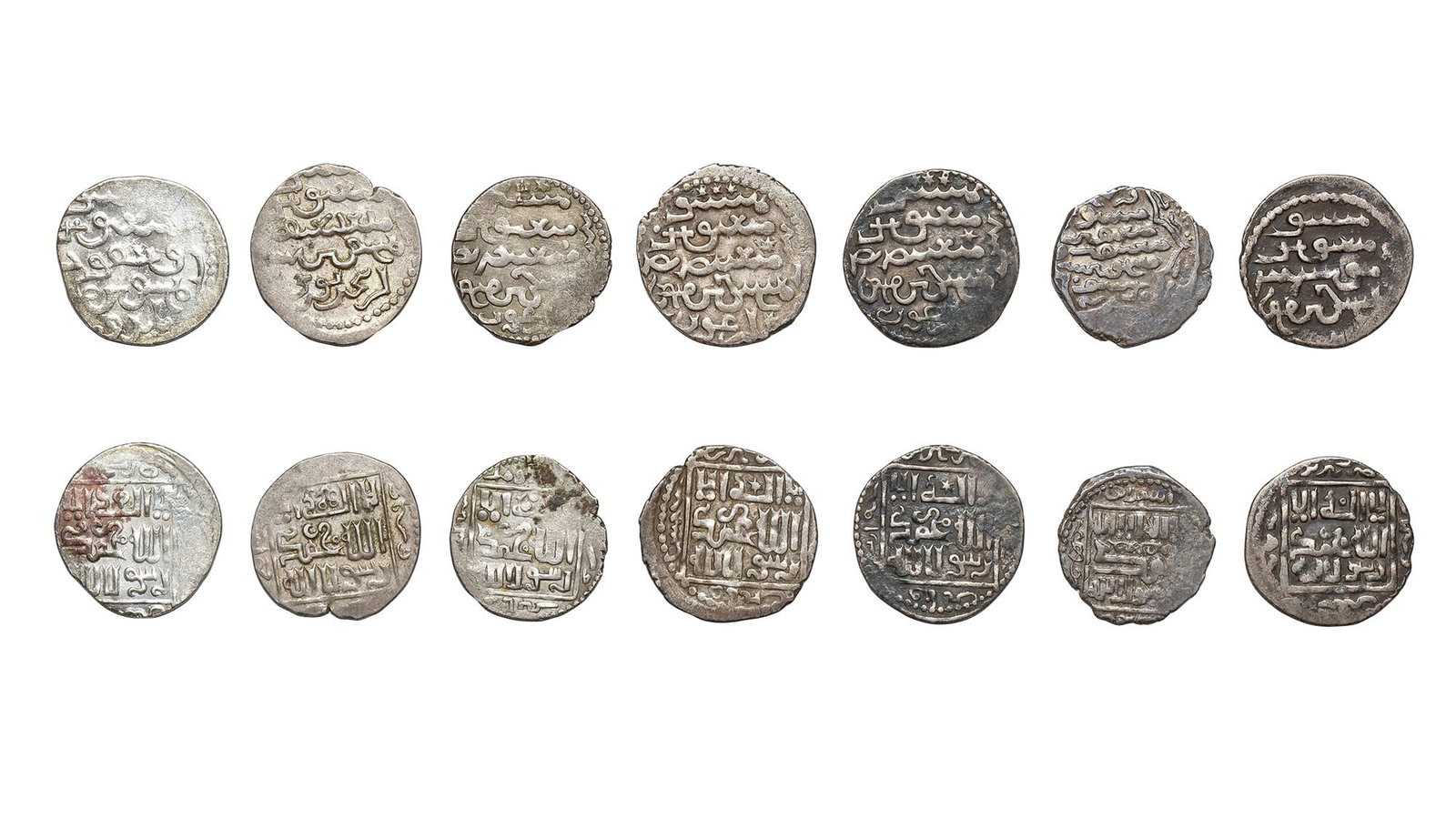 ILLKHANID DYNASTY, DIFFERENT RULERS, SEVEN SILVER DIRHAMS, DATED: A silver dirham, Abaqa Khan(663–680 AH/ 1265–1282AD),Tabriz mint, dated 678AH/1279AD, 2.4g, 18mm.A silver dirham, Arghun(683–690AH/ 1284–1291AD), Isfarayim mint, 2.6g, 18mm.A silver dirham, Ar