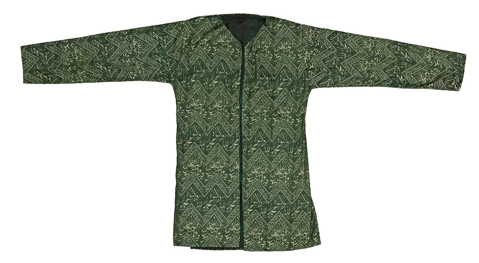 AN OTTOMAN LAMPAS-WOVEN SILK TUNIC, TURKEY, EARLY 20TH CENTURY: An Ottoman lampas-woven silk tunic, of traditional T-shaped form with long sleeves and an open front, woven throughout in green silk with repeating bands of Arabic calligraphy executed in cream-colore