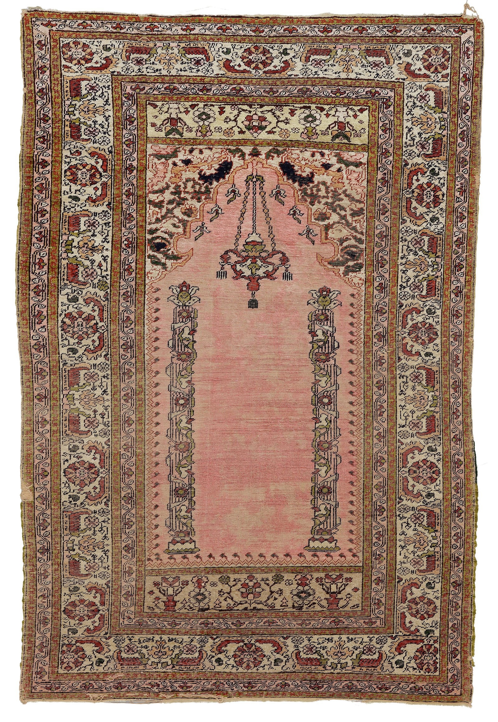AN ANTIQUE ANATOLIAN GHIORDES SILK PRAYER RUG: Up for auction is a museum-quality rarity of Anatolian textile art: A fine antique G?¶rdes (Ghiordes) prayer rug from West Anatolia, masterfully hand- knotted around 1850. This exquisite collector's 