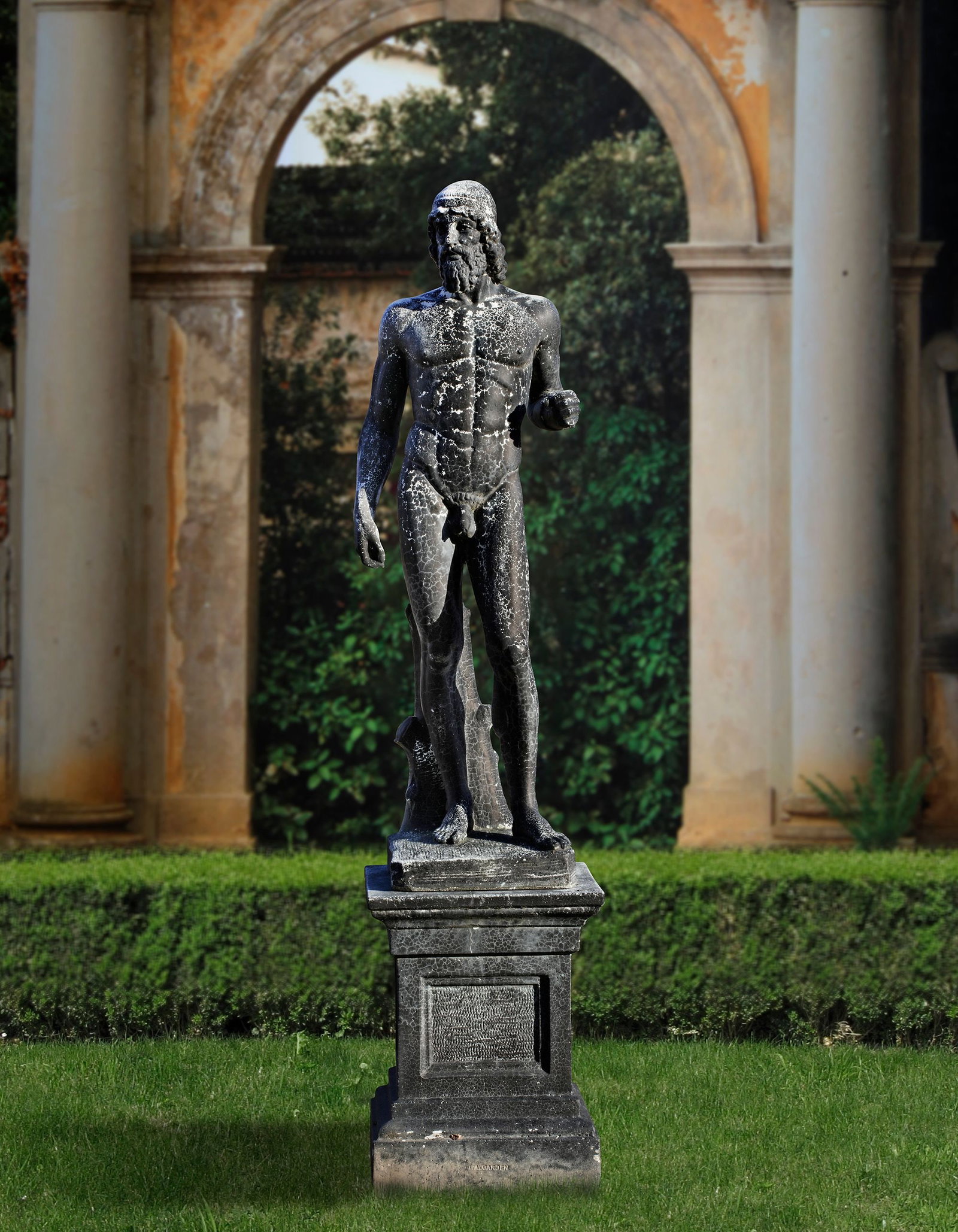 A COMPOSITION STONE FIGURE OF A RIACE WARRIOR, POSSIBLY TYDEUS, 20TH CENTURY, AFTER THE ANTIQUE: With patinated finish overall, the figure modelled standing and nude, his left forearm raised at the elbow, and stood atop a matching pedestal. Overall height 207 cm. Discovered in 1972 off the coast 