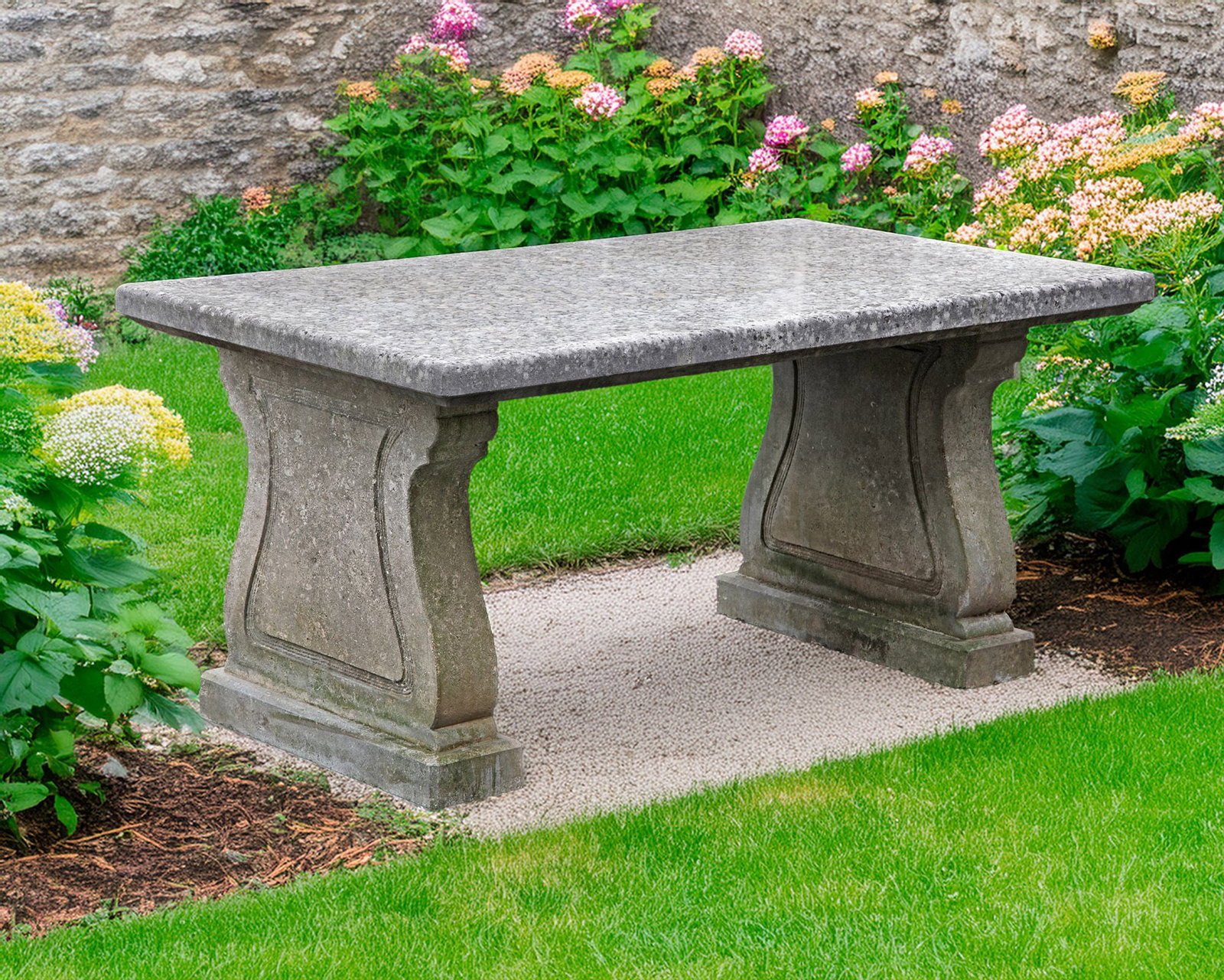 A CONTINENTAL CARVED LIMESTONE RECTANGULAR GARDEN TABLE: Height 73 cm. Length 150 cm. Width 90 cm.