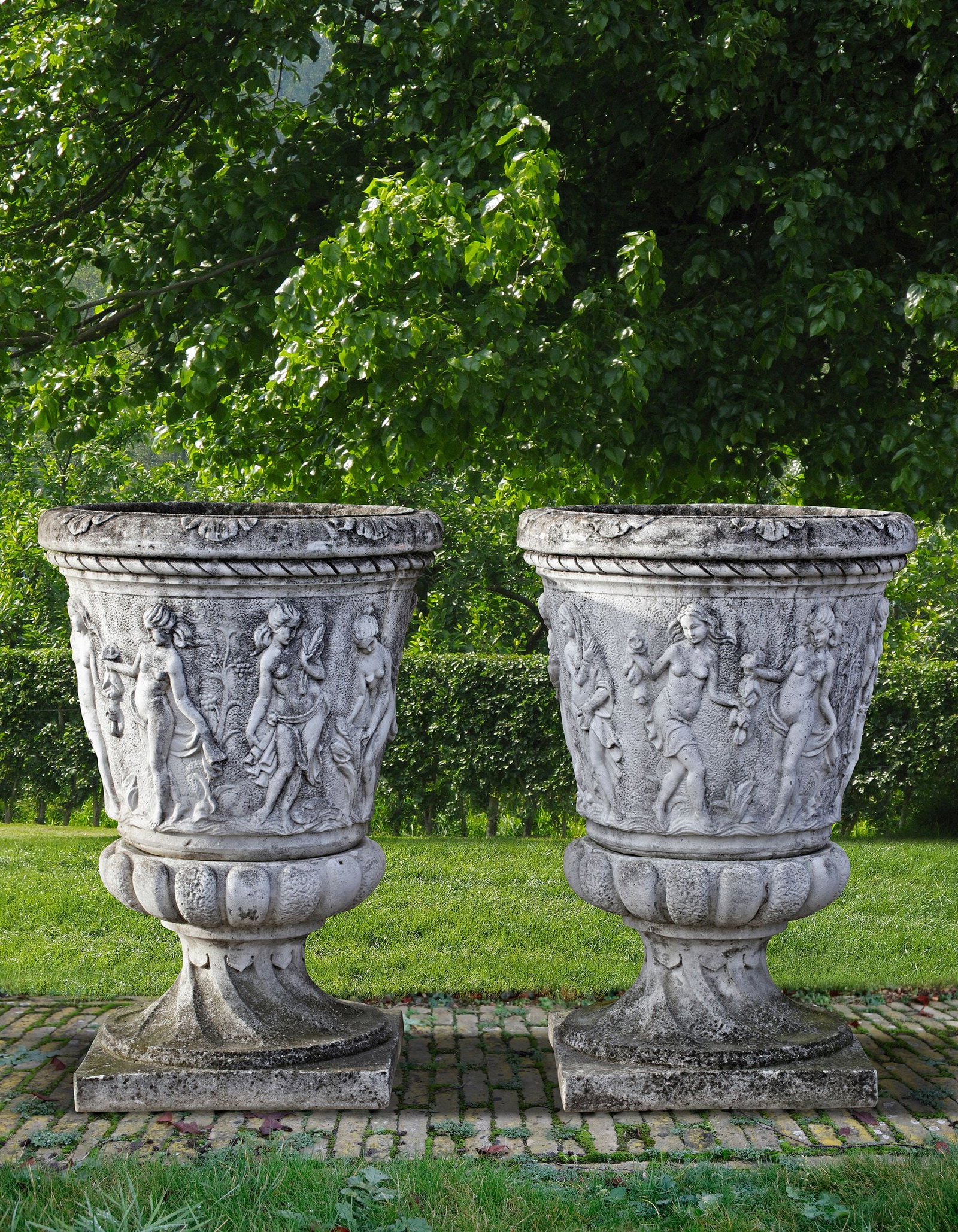 A PAIR LARGE COMPOSITION STONE GARDEN URNS, LATE 20TH CENTURY (1 of 2)