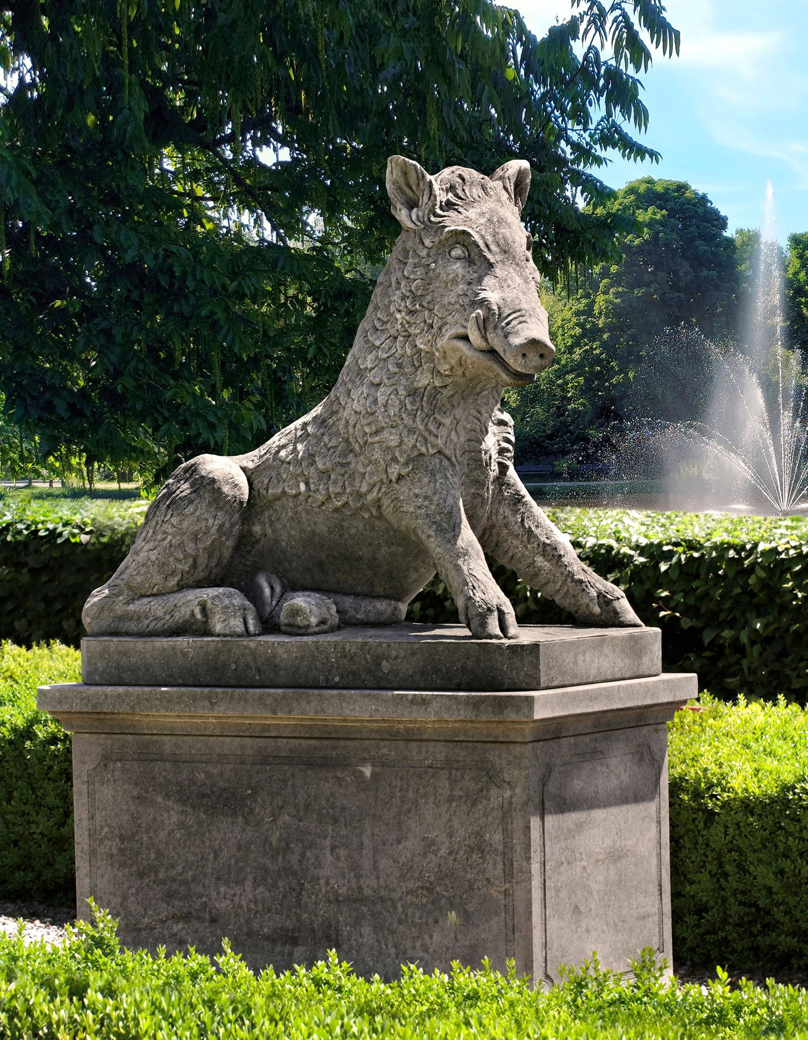 A SCULPTED LIMESTONE MODEL OF THE CALYDONIAN WILD BOAR, SECOND HALF 20TH CENTURY, AFTER THE ANTIQUE: The Calydonian Boar is a boar from Greek mythology, sent by the goddess Artemis to ravage the land of Calydon. The animal played a central role in the famous "Calydonian Hunt," an episode in which man
