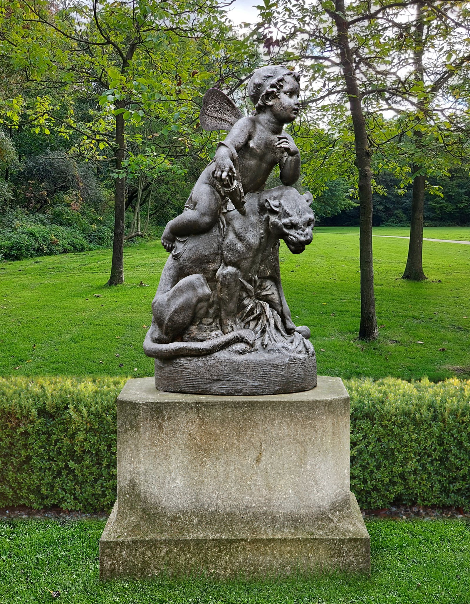 A CAST-IRON GROUP REPRESENTING EROS SEATED ON A PANTHER IN THE MANNER OF GIOVANNI MARIA BENZONI, (1 of 1)