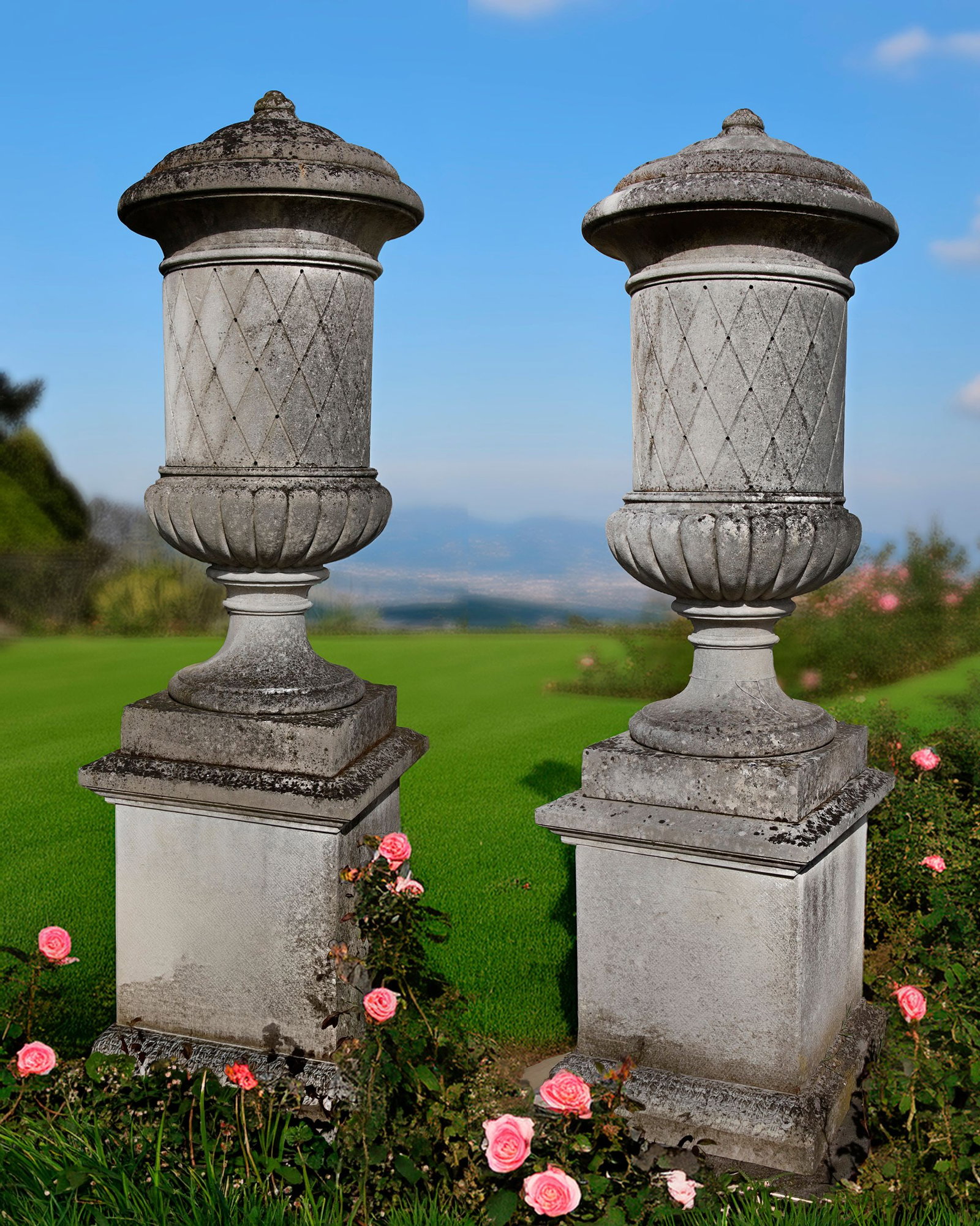 A PAIR OF SUBSTANTIAL CARVED LIMESTONE PEDESTAL URNS, SECOND HALF 20TH CENTURY (1 of 2)