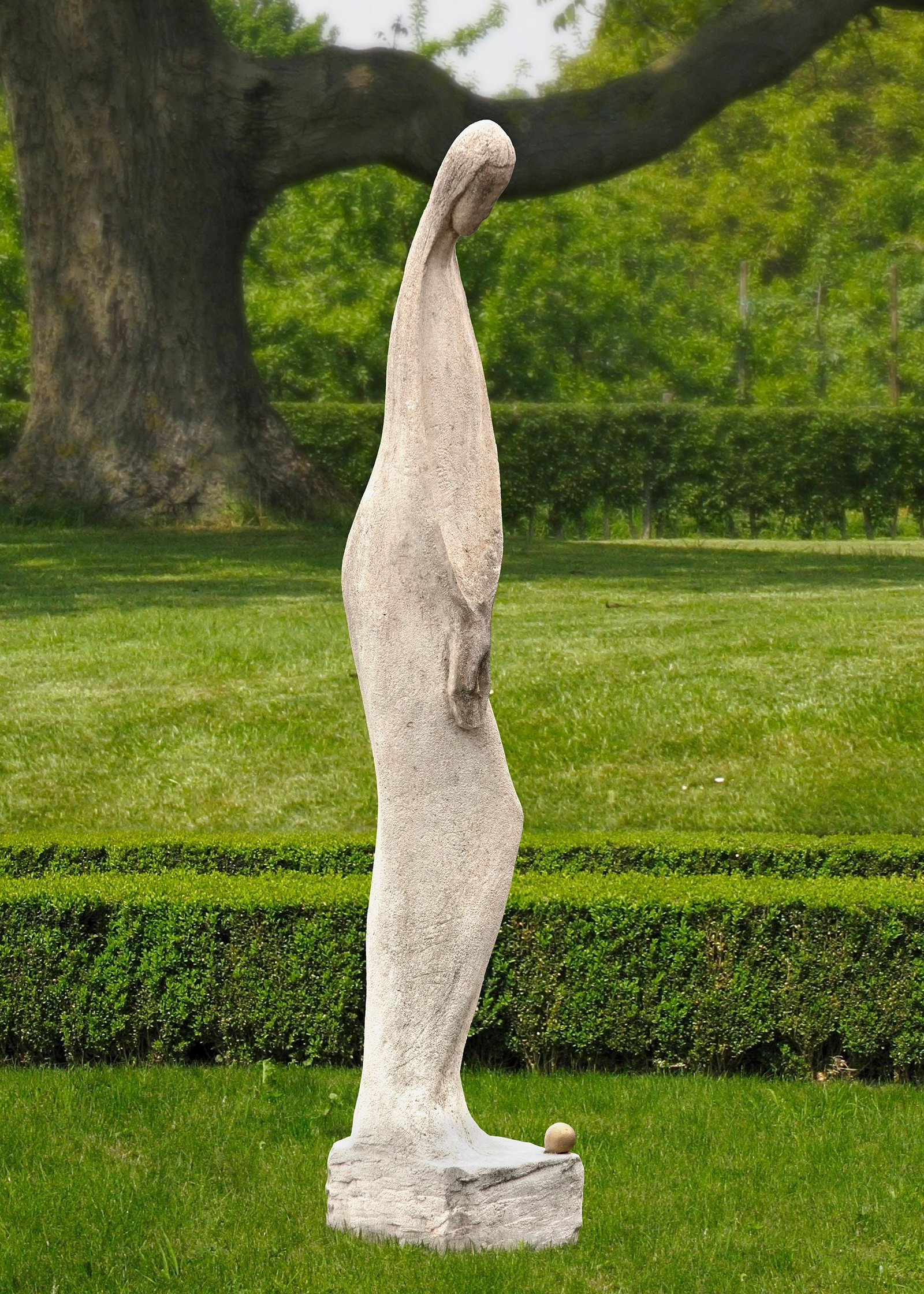 A WOMAN FIGURE INSPIRED BY GIACOMETTI (GOLF): A modern sculpture of a female playing golf. The focus lies on the form and line of the body. Height overall 160 cm. Plinth 30 by 25 cm.