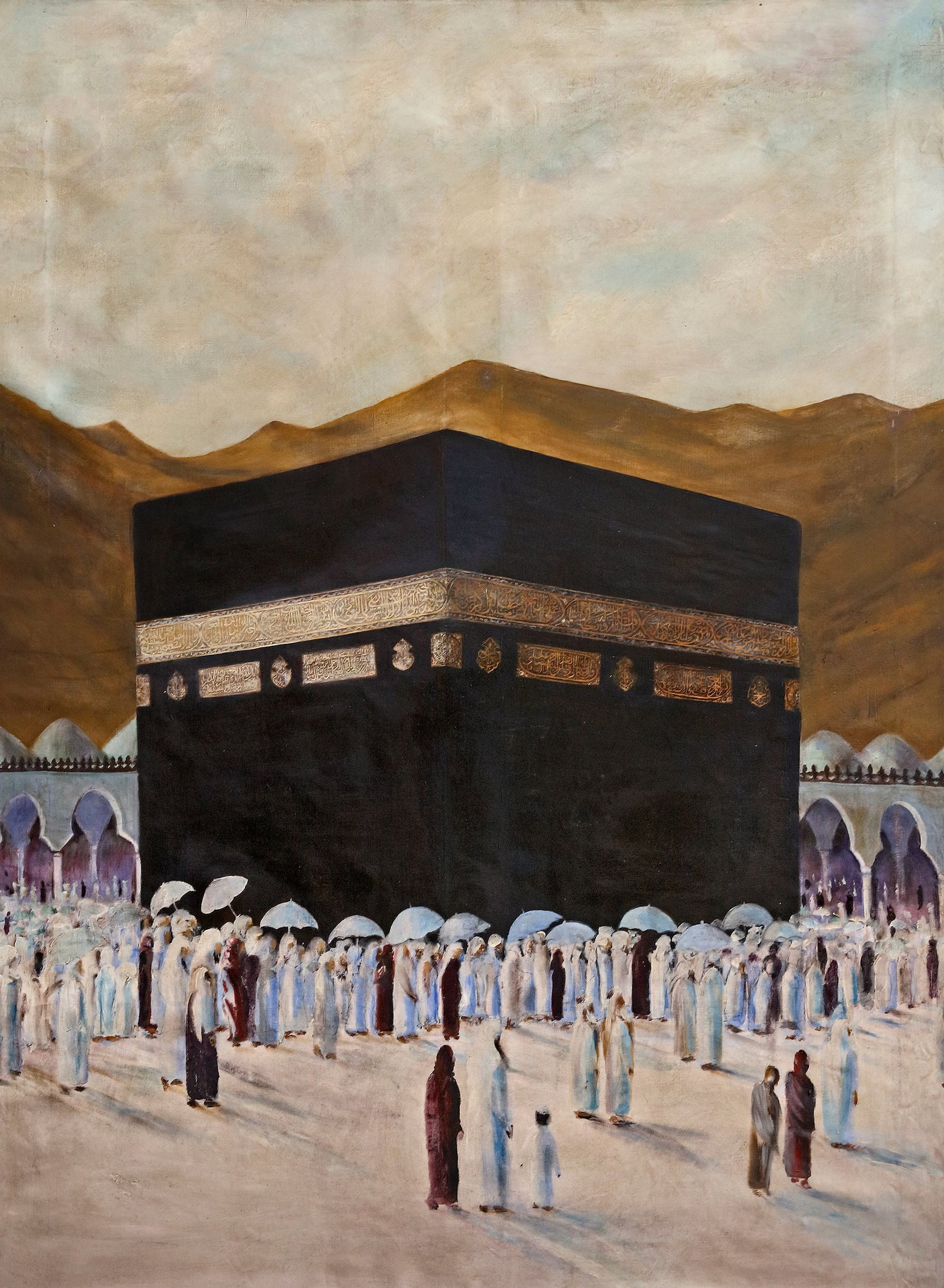 A LARGE OIL PAINTING, MECCA, 20TH CENTURY: Oil on canvas, depicting the Kaaba in al-Masjid al-Haram during the Hajj. 153 by 114 cm.