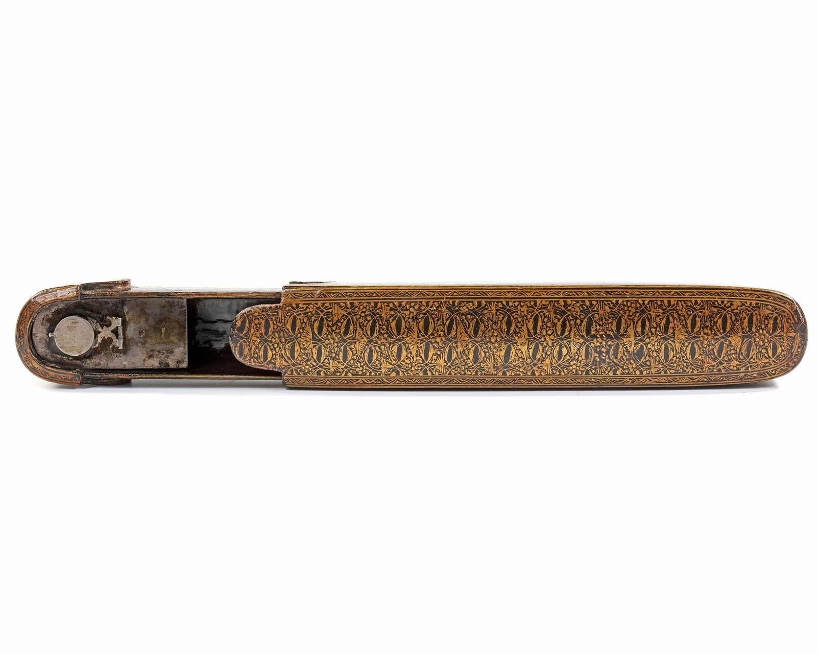 A QAJAR POLYCHROME LACQUERED PAPIER-MACHE PENCASE, PERSIA, CIRCA 1880: Decorated with foliage painted in gold on a black lacquered background, with silver inkwell. Length 22.5 cm.
