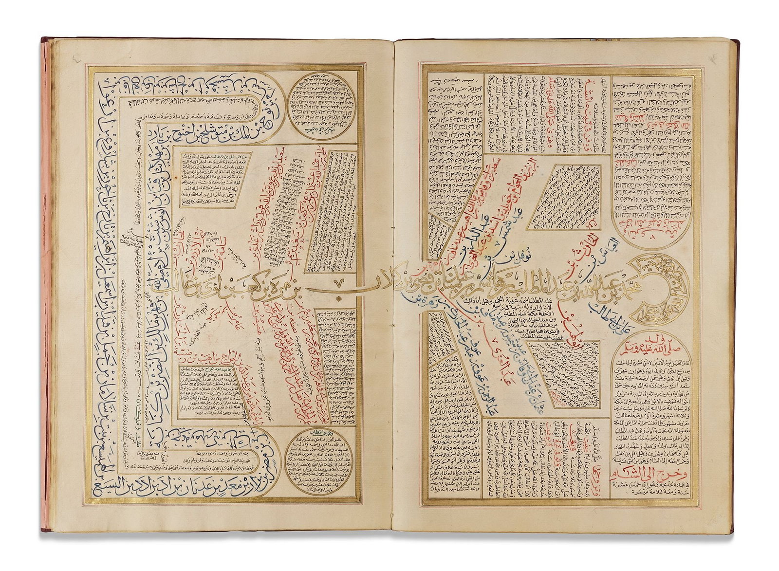 AN OTTOMAN MAJMA' AL-ANSAB, A GENEALOGY OF THE PROPHET, EARLY 18TH CENTURY: Arabic manuscript on paper, 10 leaves with 2 fly-leaves, written in 17 lines in elegant naskh and thuluth script, each page written horizontally, vertically and diagonally, titles in large thuluth gil