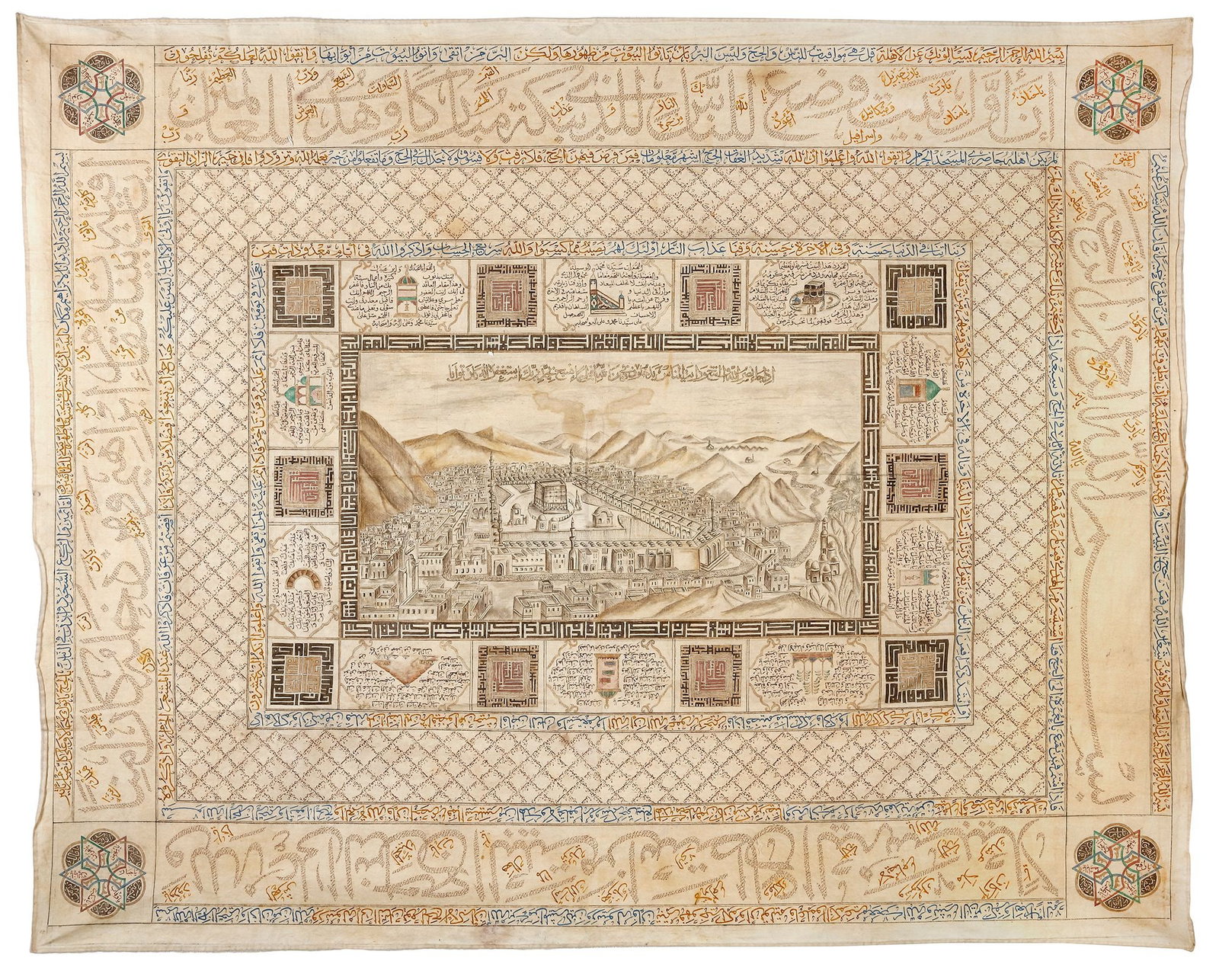 AN OTTOMAN TALISMANIC CHART WITH EXTRACTS FROM THE QURAN AND PRAYERS, 19TH CENTURY: Cotton covered with text written in a variety of scripts and floral design, including thuluth and small square Kufic, in assorted colors, in numerous panels, roundels, cartouches and lines. To the cen
