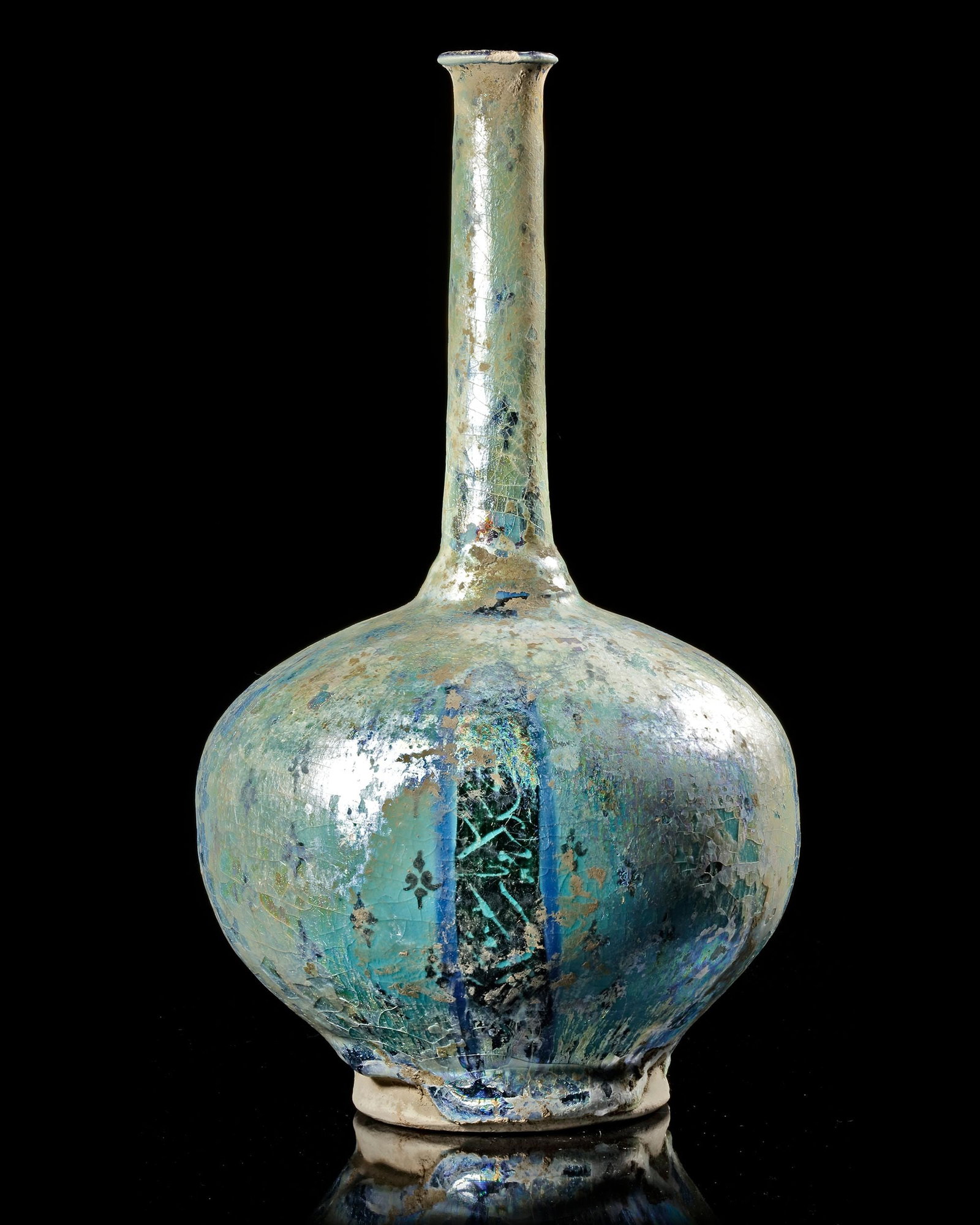 A KASHAN TURQUOISE GLAZED BOTTLE, CENTRAL PERSIA, CIRCA 1200 (1 of 5)