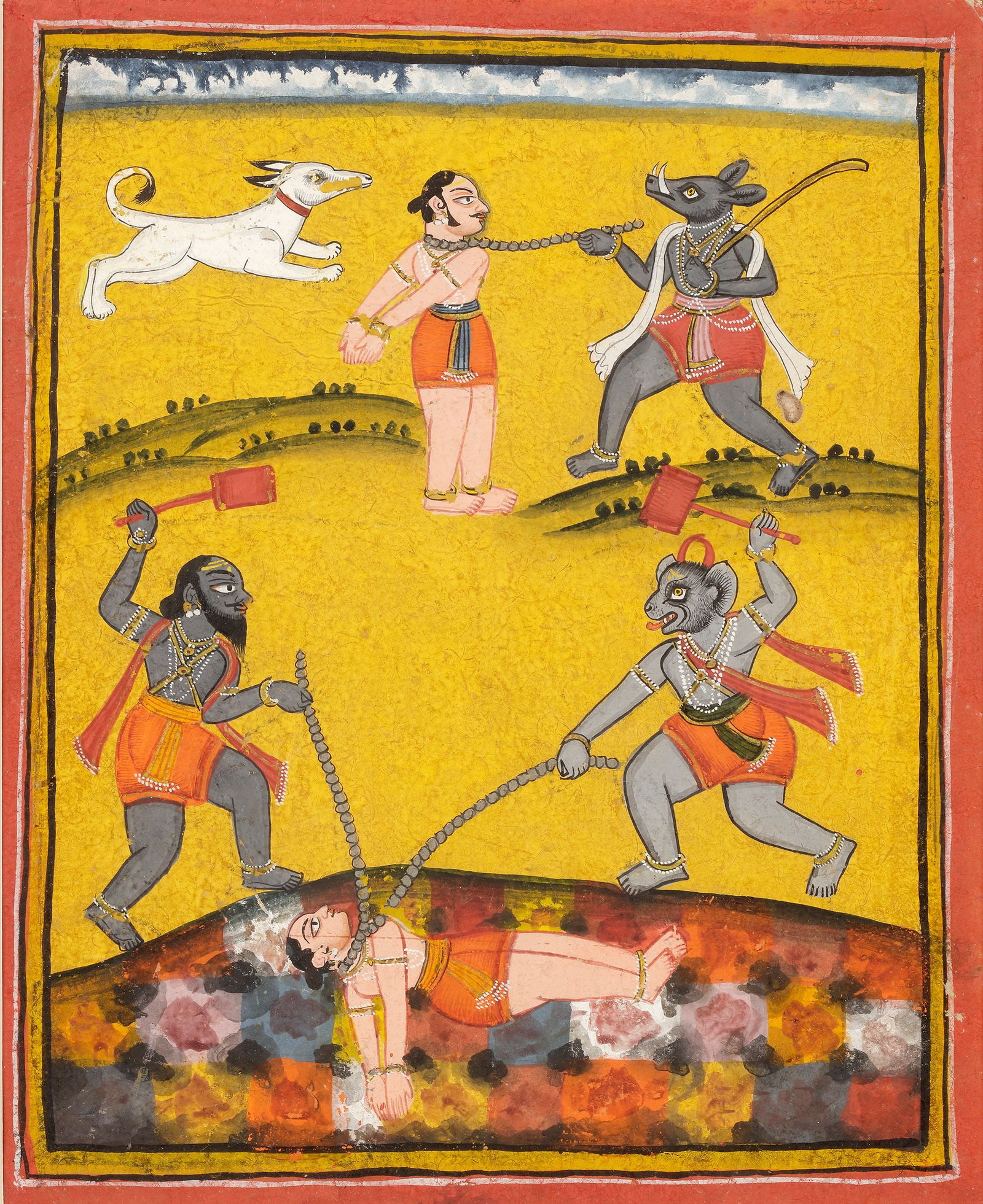 YAMADUTAS DRAGGING SOULS TO HELL, KANGRA, PUNJAB HILLS, 19TH CENTURY: Watercolor on paper. 47 by 42 cm. Framed. Pahari miniature painting (Kangra or Basohli school, circa 18th-19th century). In this vivid scene, two animal-headed messengers of Yama, the god of death, ha