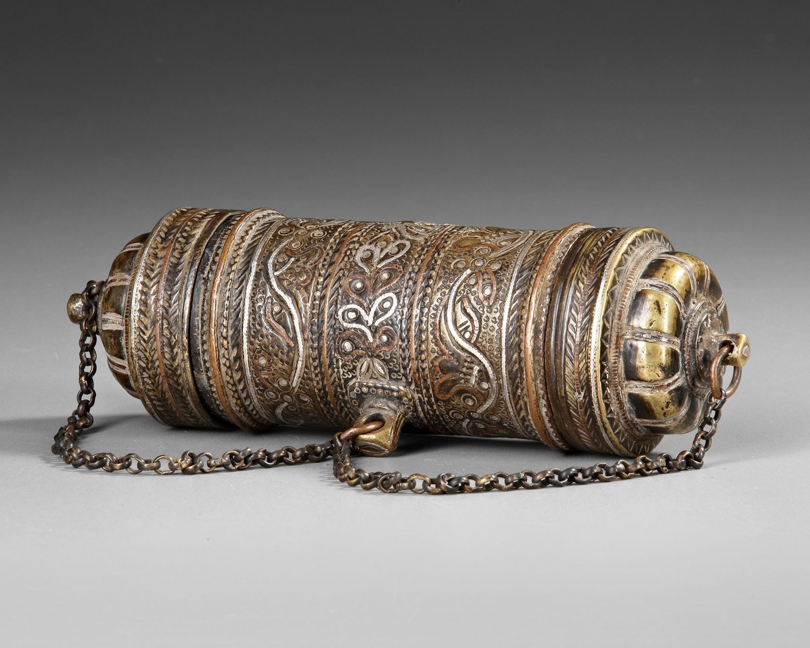 A SILVER AND COPPER INLAID SCROLL HOLDER, PERSIA, 19TH CENTURY (1 of 3)