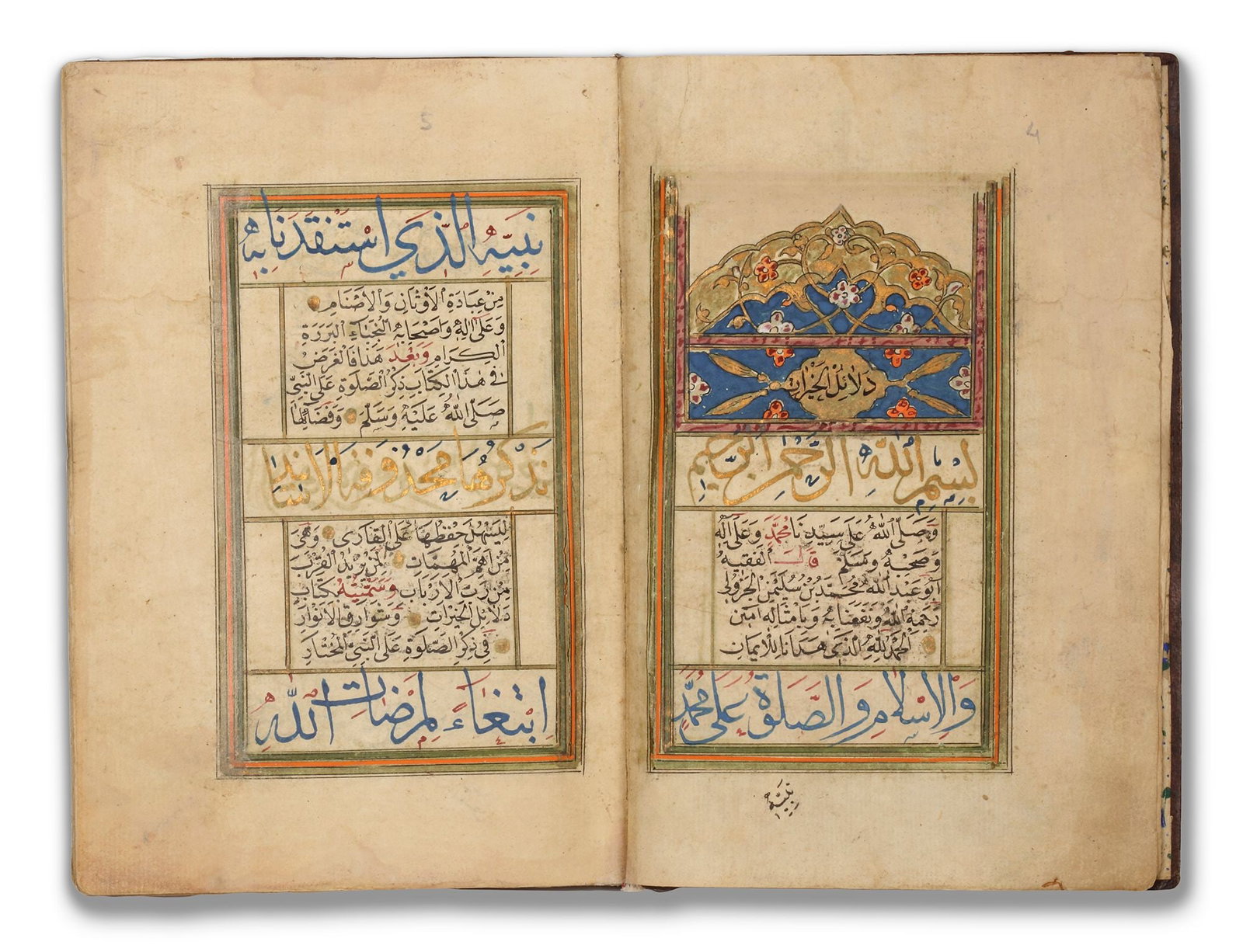 AL-JAZULI, DALA'IL AL-KHAYRAT WA SHAWARIQ AL-ANWAR, OTTOMAN TURKEY, 19TH CENTURY: Arabic manuscript on paper, 13 lines to the page, the upper and lower line in large blue thuluth script, the middle line in large gold thuluth script, two columns of each 5 lines in smaller black nask