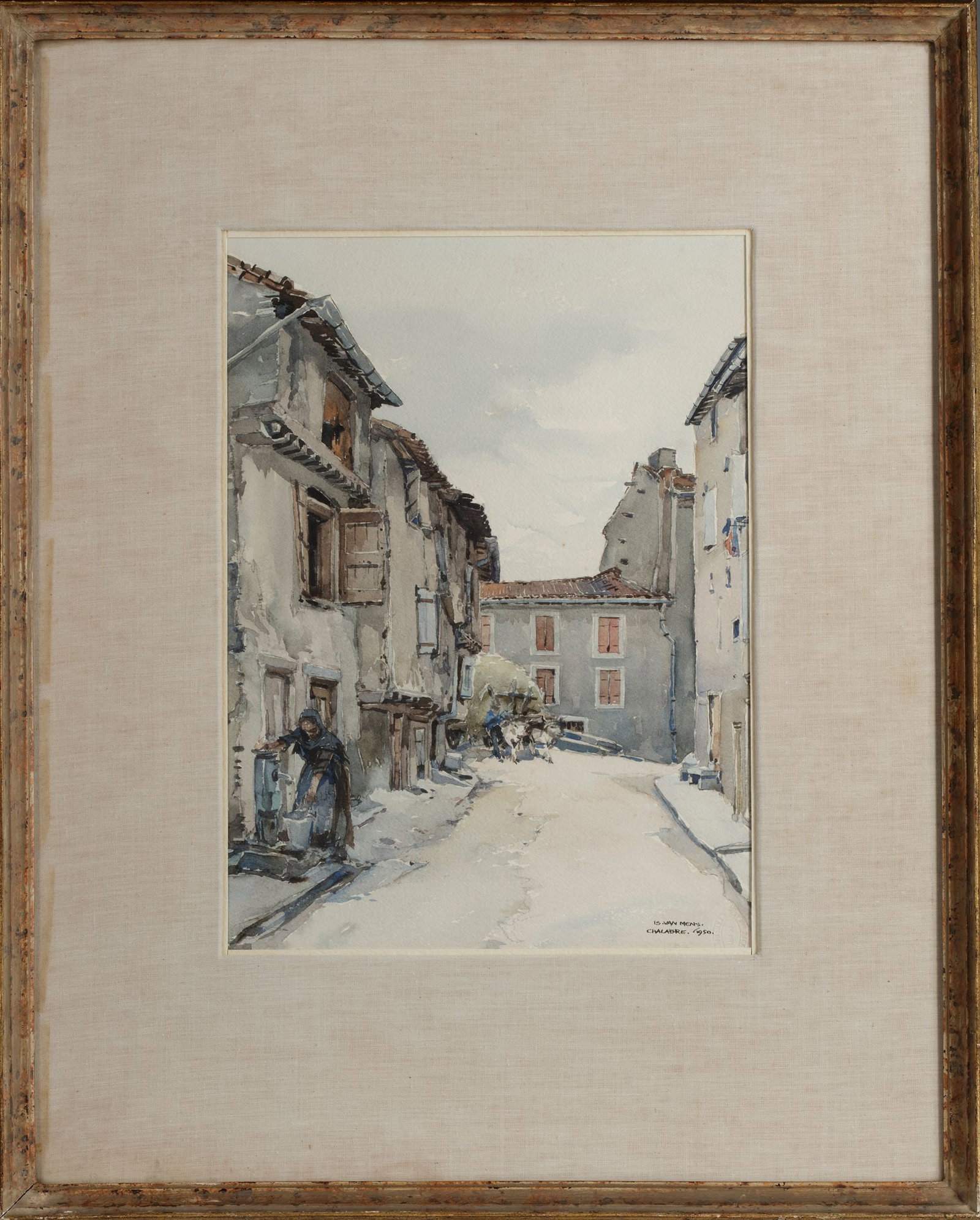 ISIDORE VAN MENS (1890-1985), A STREET IN MORELLA, SPAIN, WATERCOLOUR ON PAPER: Signed and dated 1950 lower right, 37 by 27.5 cm. Including frame 51 by 63 cm.