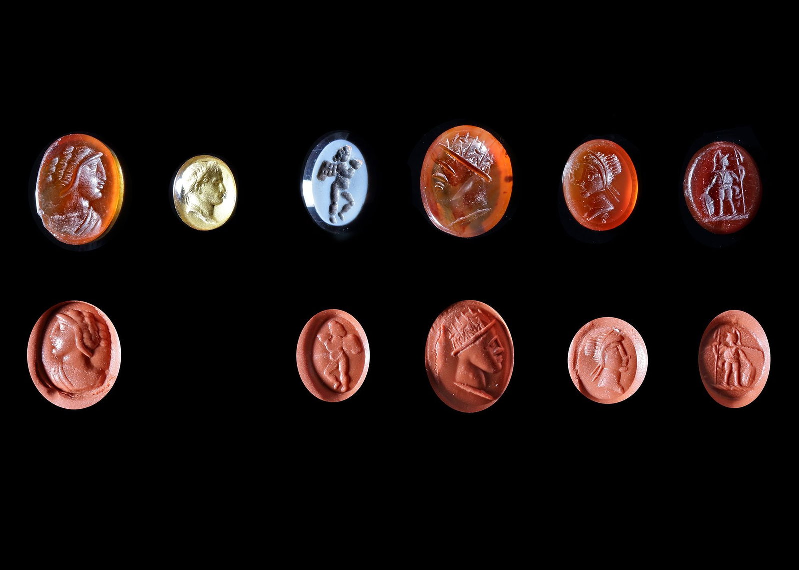 A GROUP OF FIVE MIXED INTAGLIOS, SOME ANCIENT, ONE GLASS PORTRAIT OF NAPOLEON, 19TH CENTURY AD AND (1 of 2)