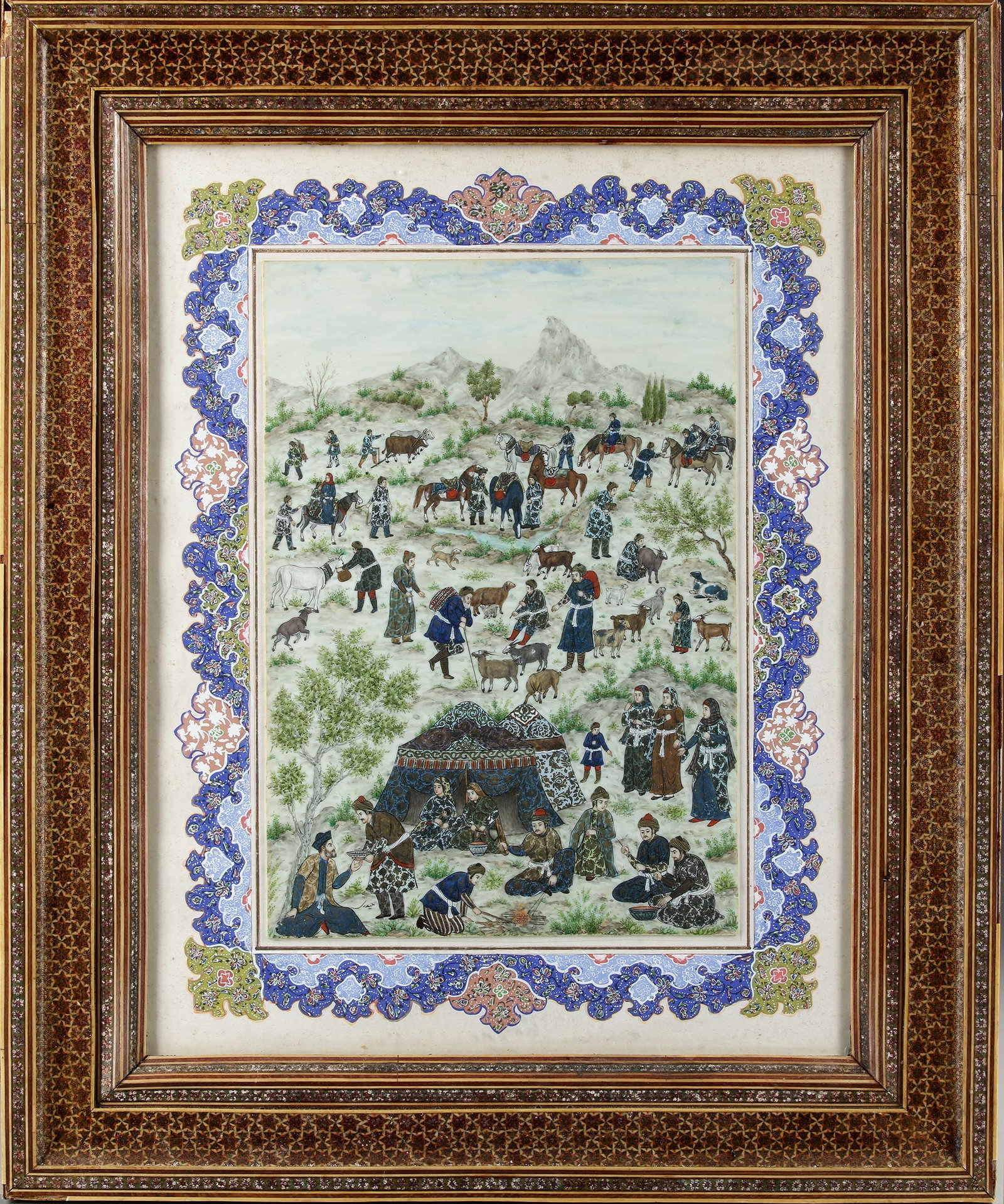 QAJAR PAINTED BONE PLAQUE WITH A NOMADIC ENCAMPMENT, PERSIA, LATE 19TH CENTURY (1 of 2)