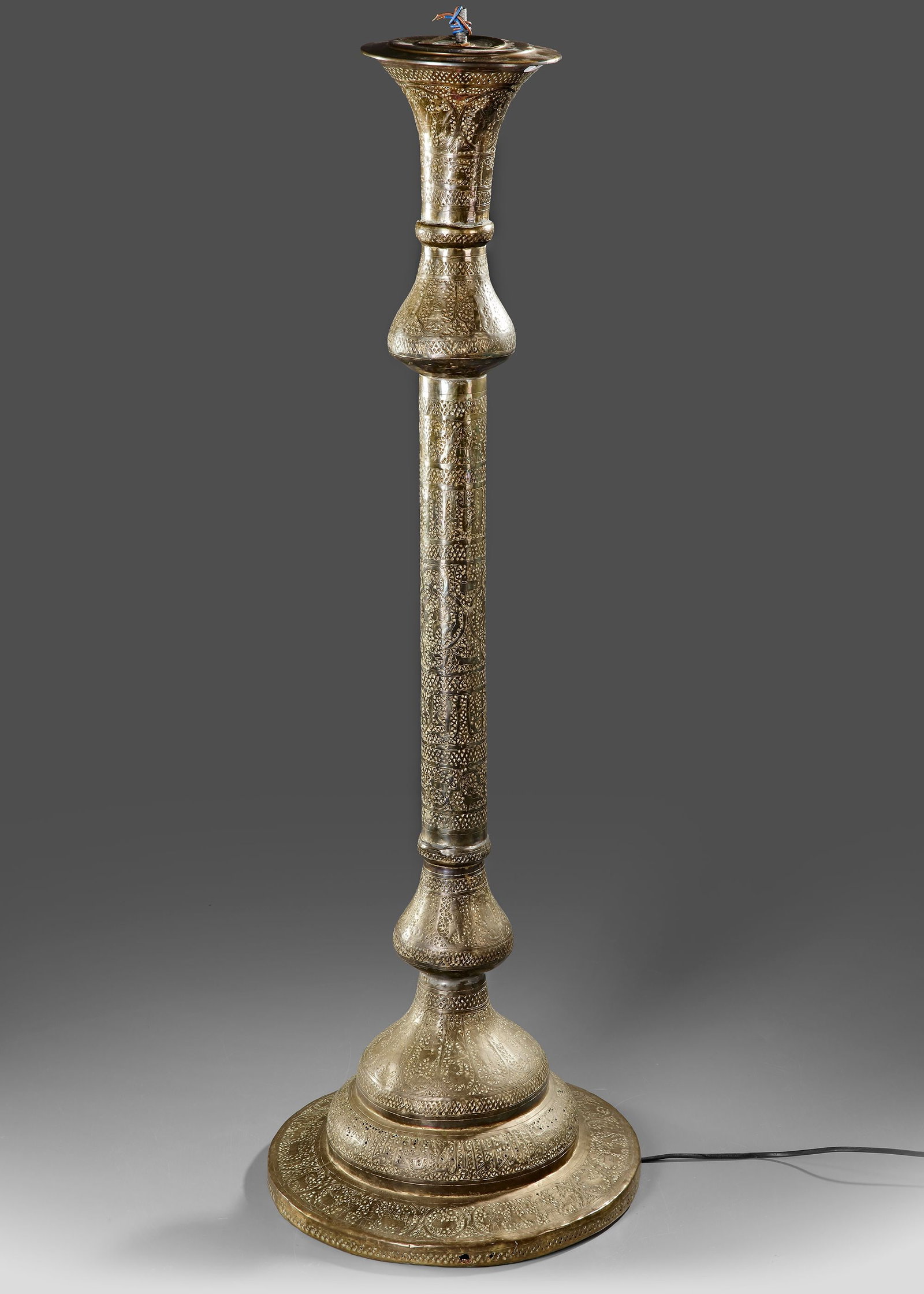 AN OTTOMAN PIERCED BRASS LAMP STAND, 19TH CENTURY (1 of 2)