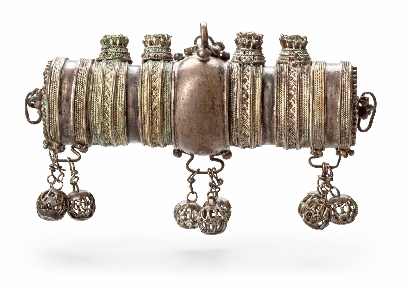 AN OTTOMAN FILIGREE TALISMANIC SCROLL CASE, 19TH CENTURY: Of tubular form with removable end cap, the body decorated with multiple bands of applied filigree and twisted wire ornament. The central section fitted with a suspension loop, flanked by crown-like f