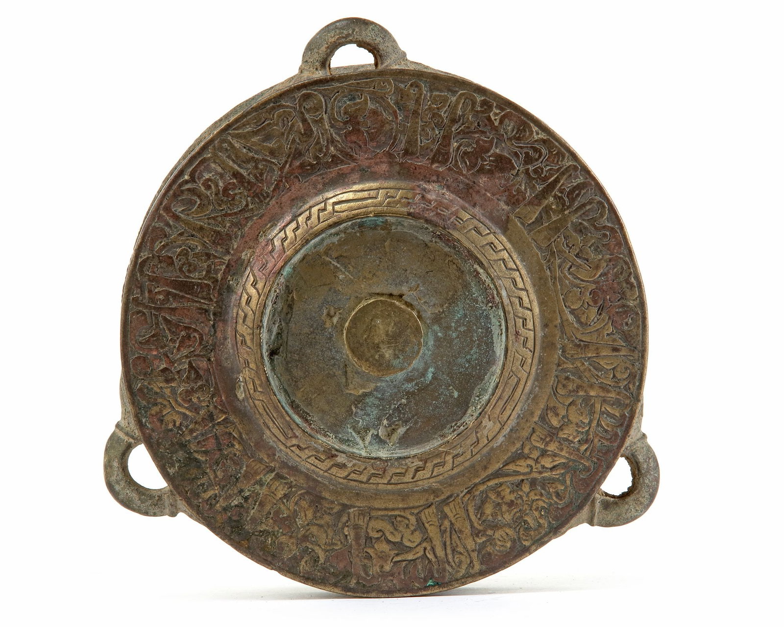 A GILT KHURASSAN BRONZE DISH, PERSIA, 12TH CENTURY: With flattened rim, incised with bands of calligraphy and floral roundels. Diameter 12 cm.