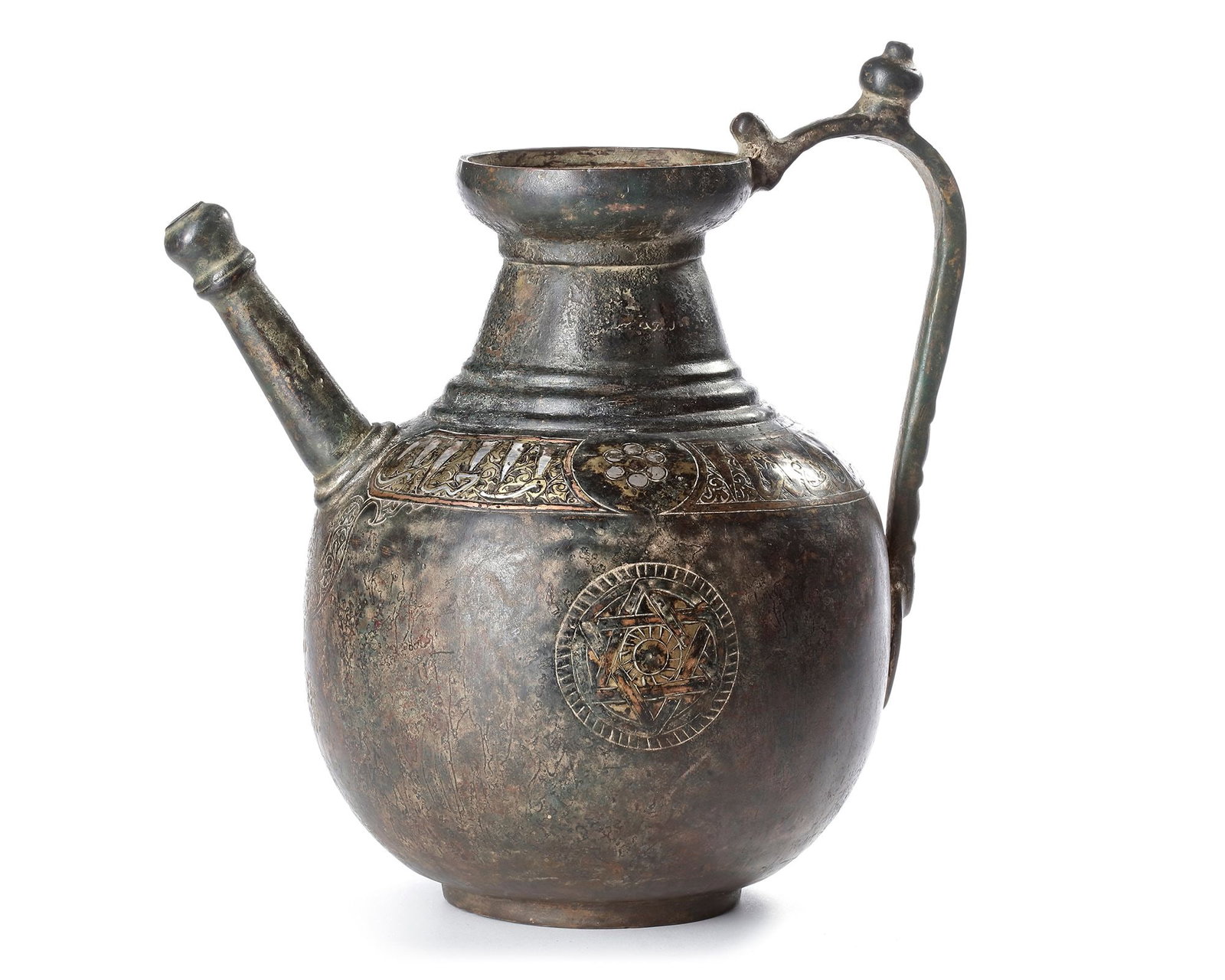 A KHURASAN SILVER-INLAID BRONZE EWER, PERSIA, 12TH CENTURY: A Persian bronze ewer with spherical body and tapering cylindrical neck, a simple spout with a straight handle connecting the body with the mouth. The body decorated with two roundels enclosing six-si