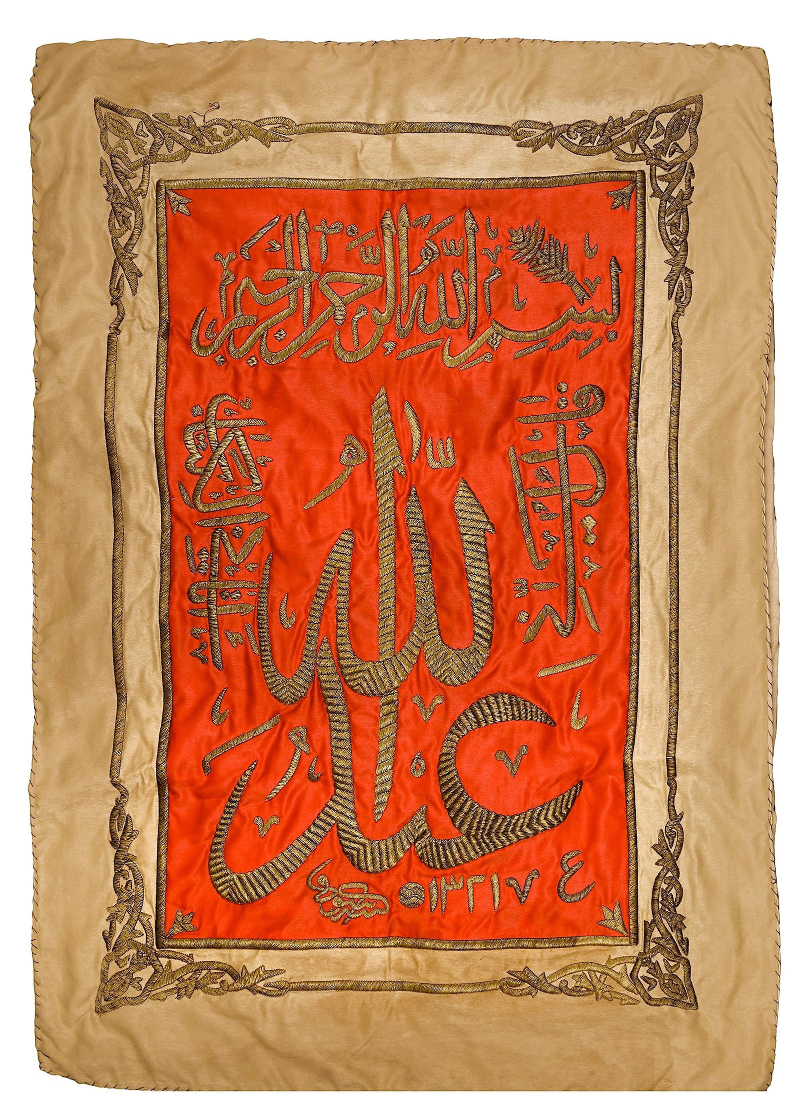 AN OTTOMAN METAL-THREAD EMBROIDERED PANEL, TURKEY, DATED 1321 AH-1903 AD: A rectangular panel, the red ground profusely embroidered with gilt wire threads. 130 by 90 cm. Inscriptions: The Basamalah with v.1 from surah Maryam, Singed: Sevki Calligrapher: Mehmed Sevki Efendi 