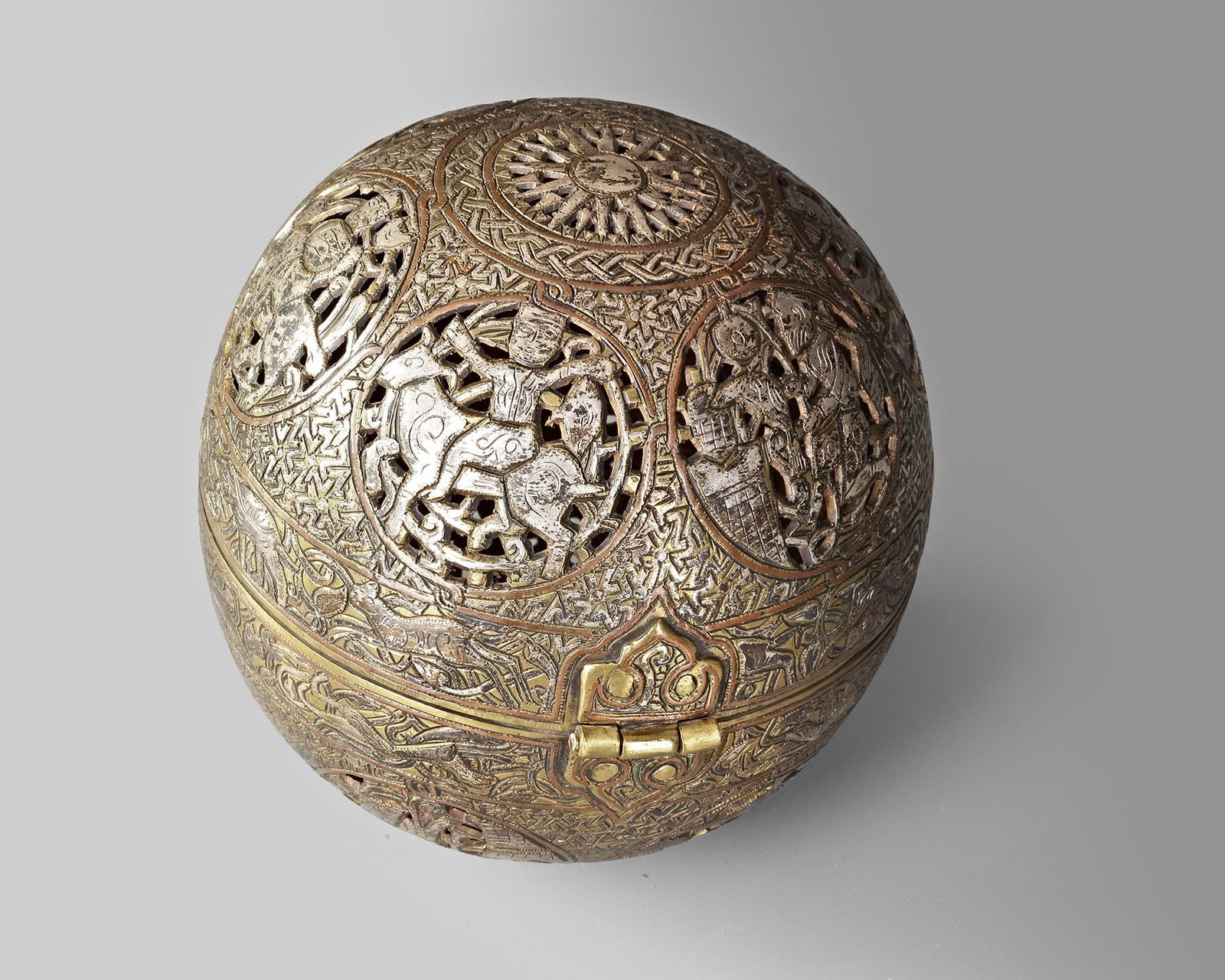 A MAMLUK REVIVAL SILVER INLAID SPHERICAL BRASS CENSER, 19TH CENTURY (1 of 4)