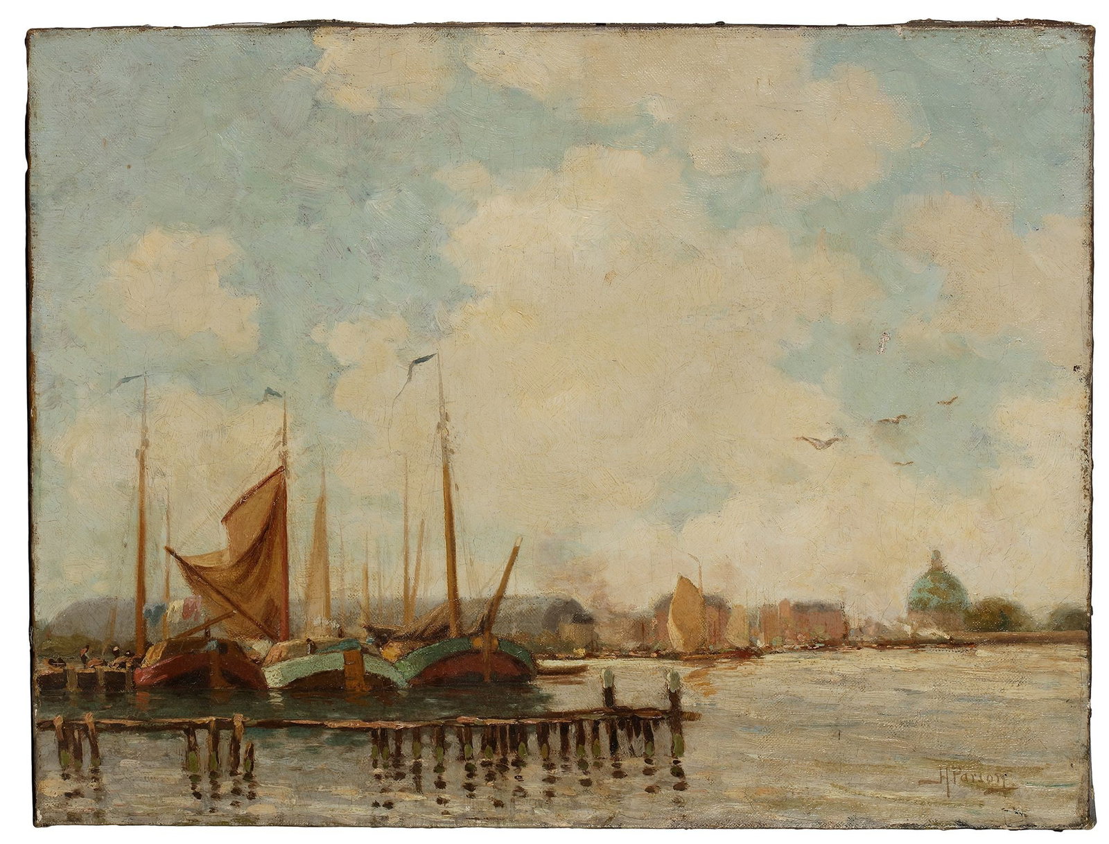 HARBOR SCENE, OIL ON CANVAS: A harbor scene, depicting sailboats moored along a wooden pier under a sky filled with soft clouds. Signature lower right corner H. Parson. 57 by 43 cm.