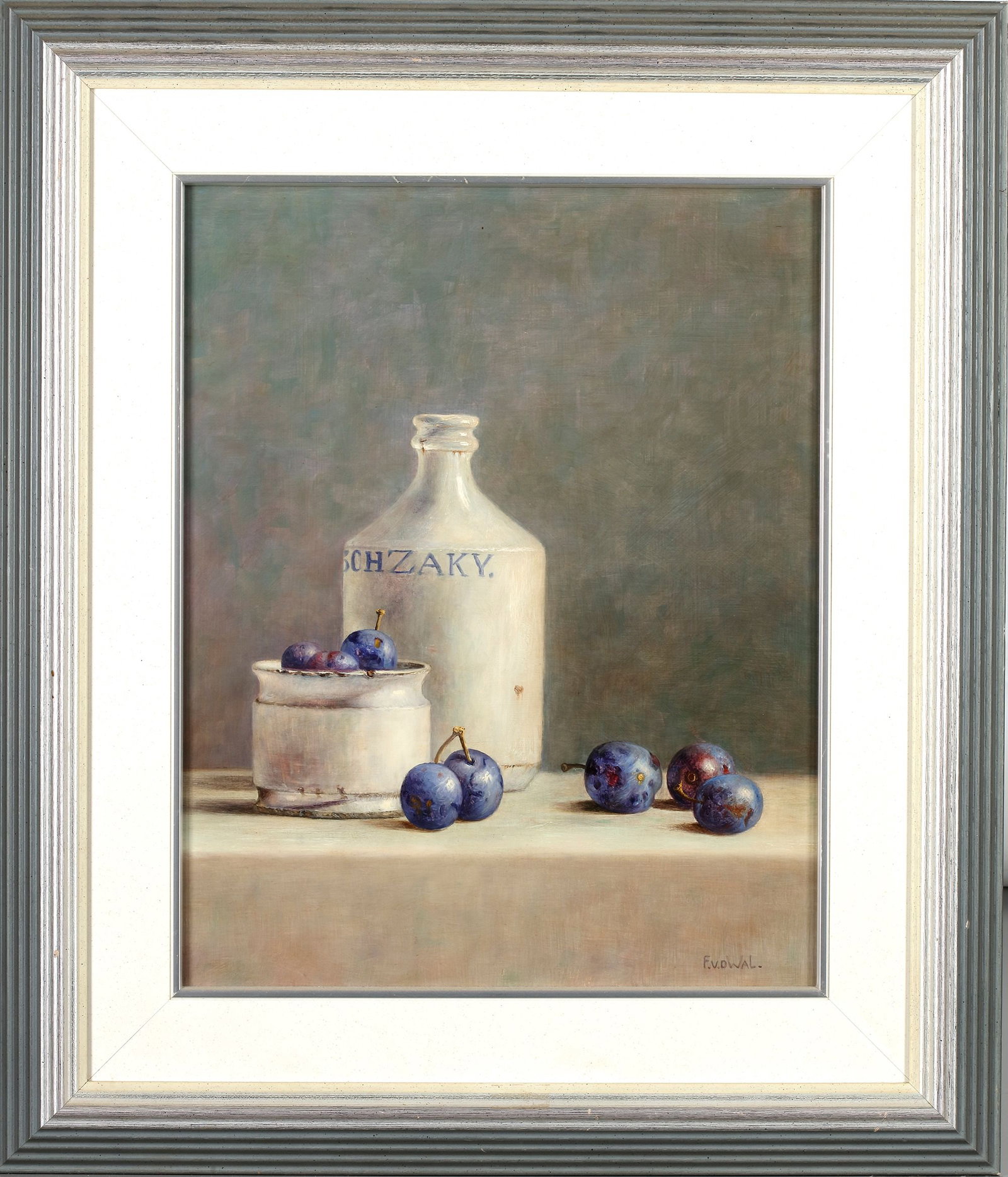 A STILL LIFE WITH PLUMS AND CERAMIC BOTTLE: Artist: F. v.d. Wal A finely detailed still-life painting depicting a ceramic bottle, a small white jar, and ripe plums arranged on a neutral-toned surface. 50 by 40 cm. 72 by 62 cm.