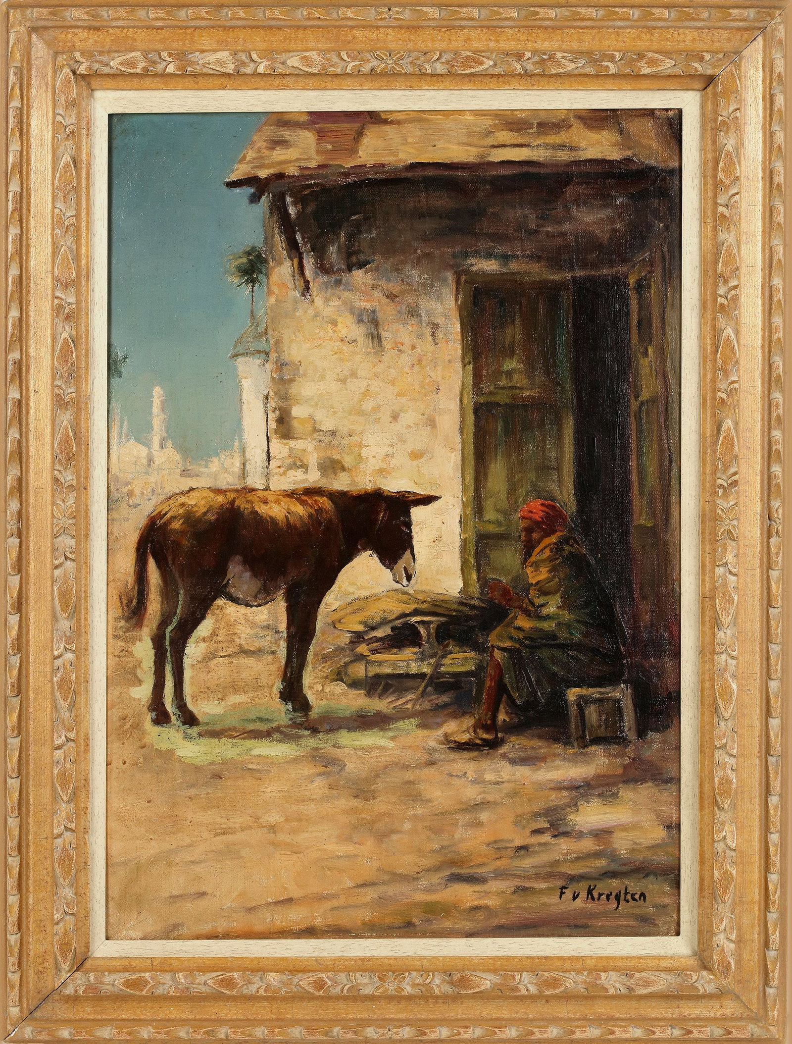 FEDOR VAN KREGTEN (1871-1937), A DONKEY WAITING OUTSIDE HIS STABLE, OIL ON CANVAS ON PANEL: FEDOR van KREGTEN (Dutch 1871-1937) A donkey waiting outside his stable. Signed. Oil laid down on panel. 80 by 50 cm.