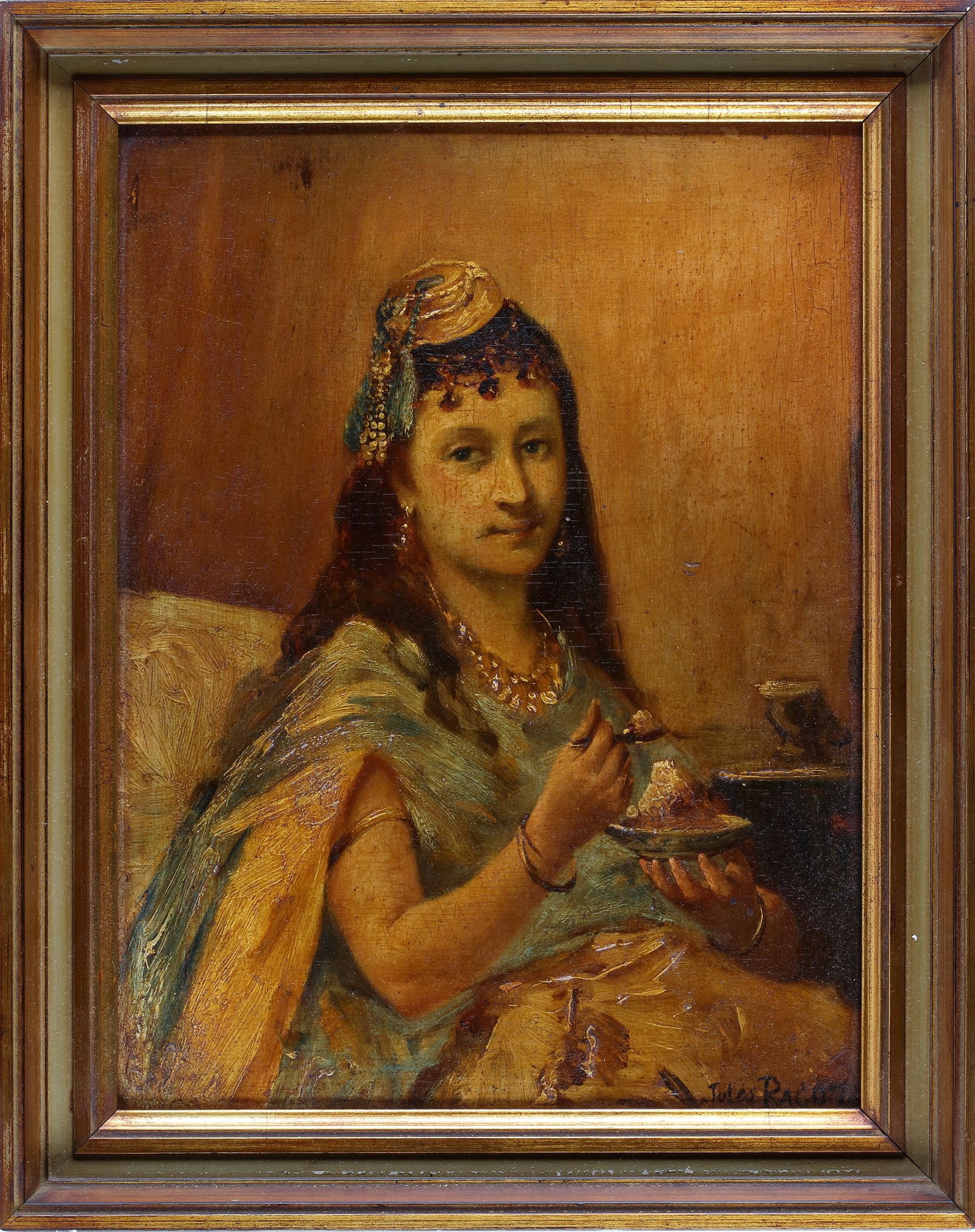 JULES F?‰LIX RAGOT (1835-1912), A WOMAN EATING HER DESSERT, OIL ON PANEL: Signed lower right. Including frame 30 by 38 cm.