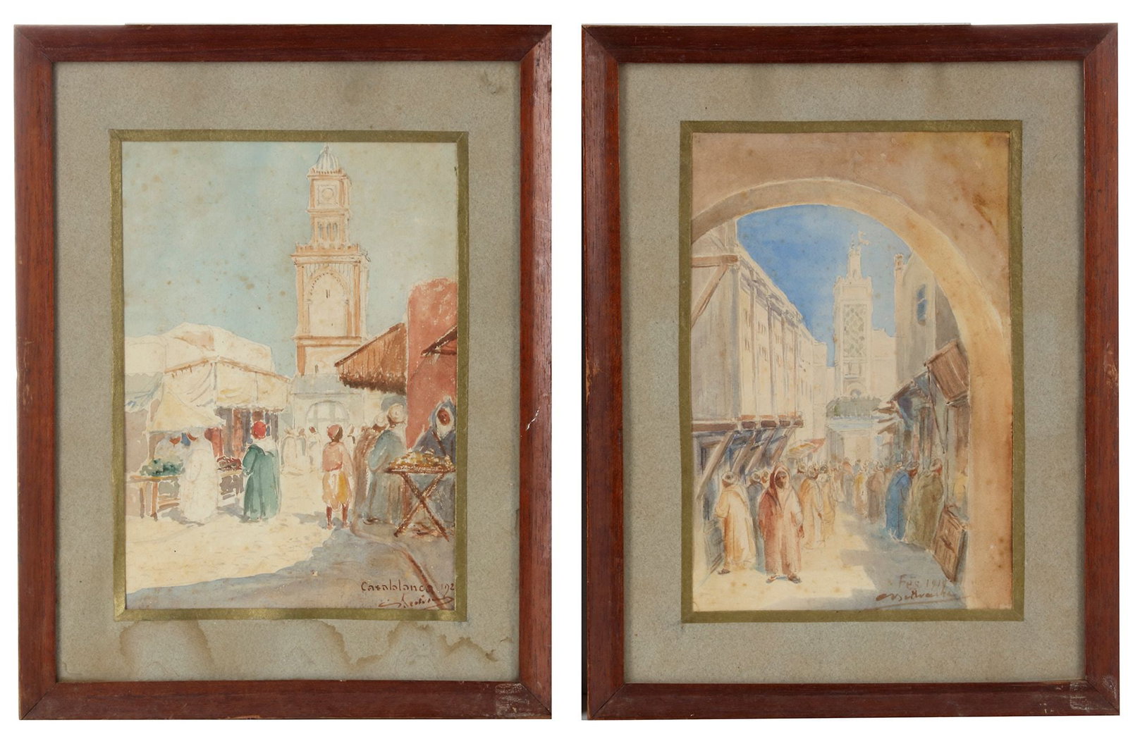 ORIENTALIST SCHOOL, FIGURES IN THE STREETS IN CASABLANCA AND FEZ, WATERCOLORS ON PAPER, 20TH CENTURY (1 of 3)